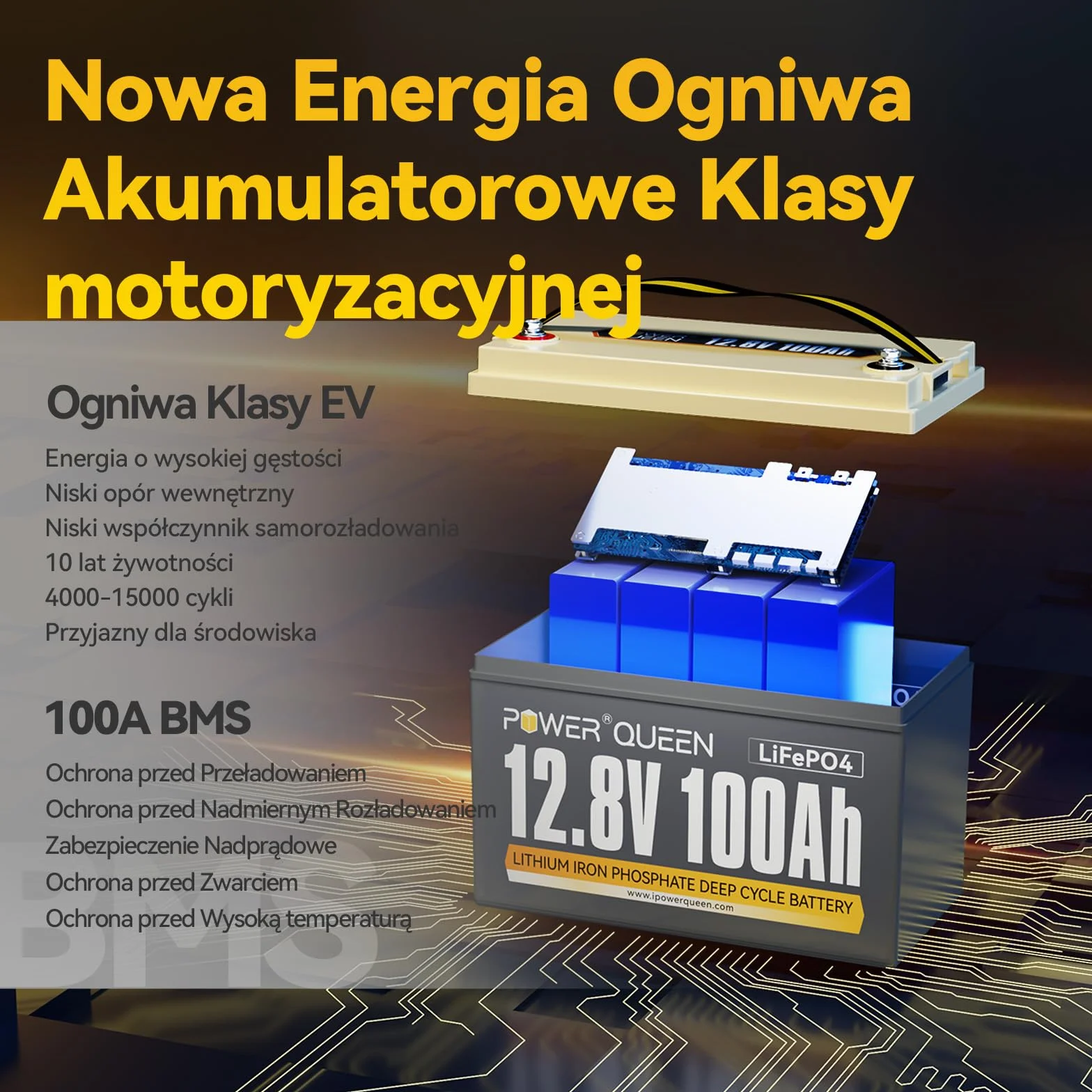 Power Queen 12.8V 100Ah LiFePO4 Akumulator z BMS 100A 2 Pack