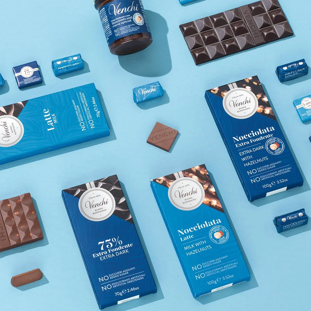 Venchi - Tabliczka Mlecznej Czekolady Nocciolata NO Added Sugar, NO Artificial Sweeteners, 100 g, z całymi „Orzechami Laskowymi z Piemontu ChOG”, Bezglutenowa, Bez Barwników i Konserwantów