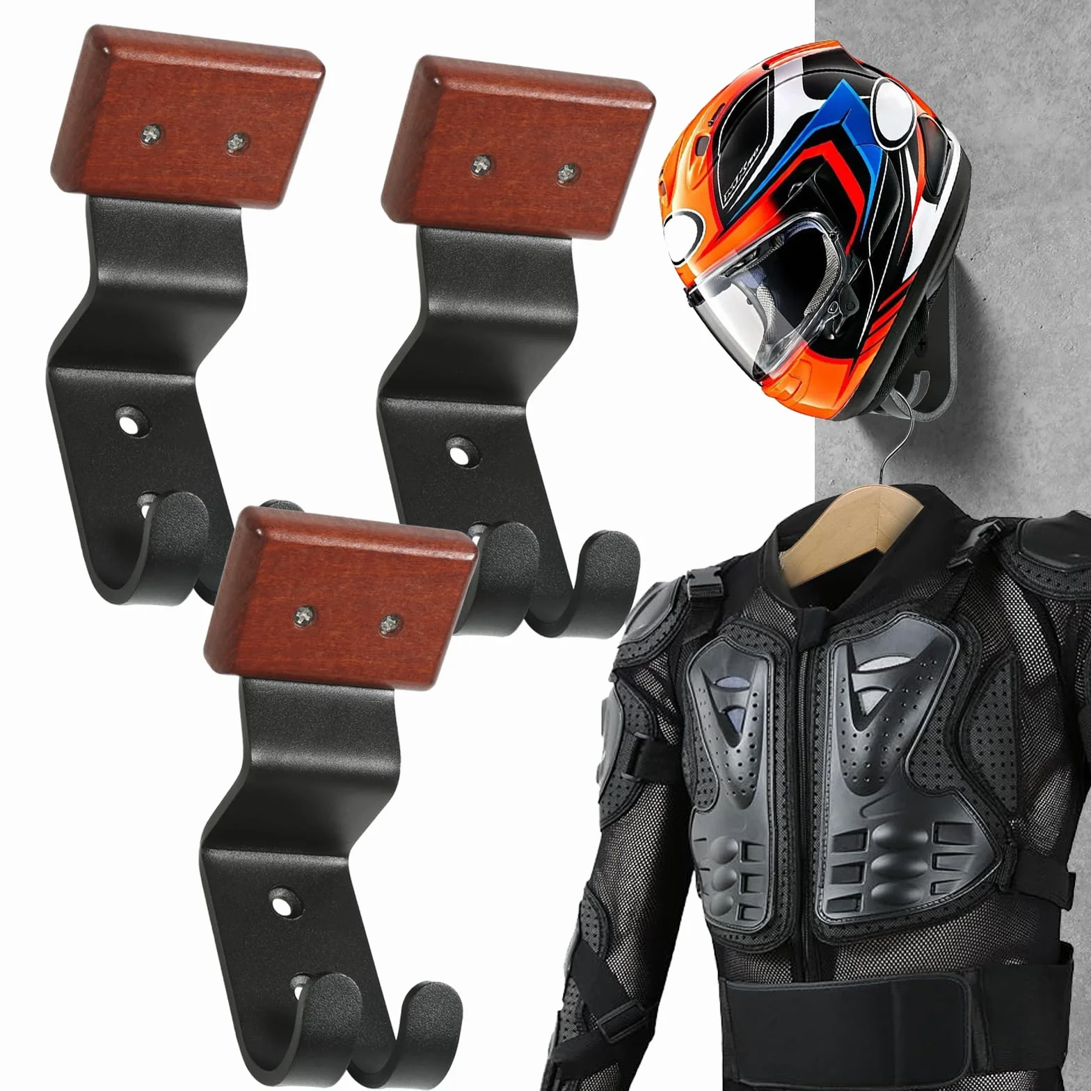 Uchwyt na kask motocyklowy, półka z haczykami do zawieszenia kasku motocyklowego i kurtki motocyklowej