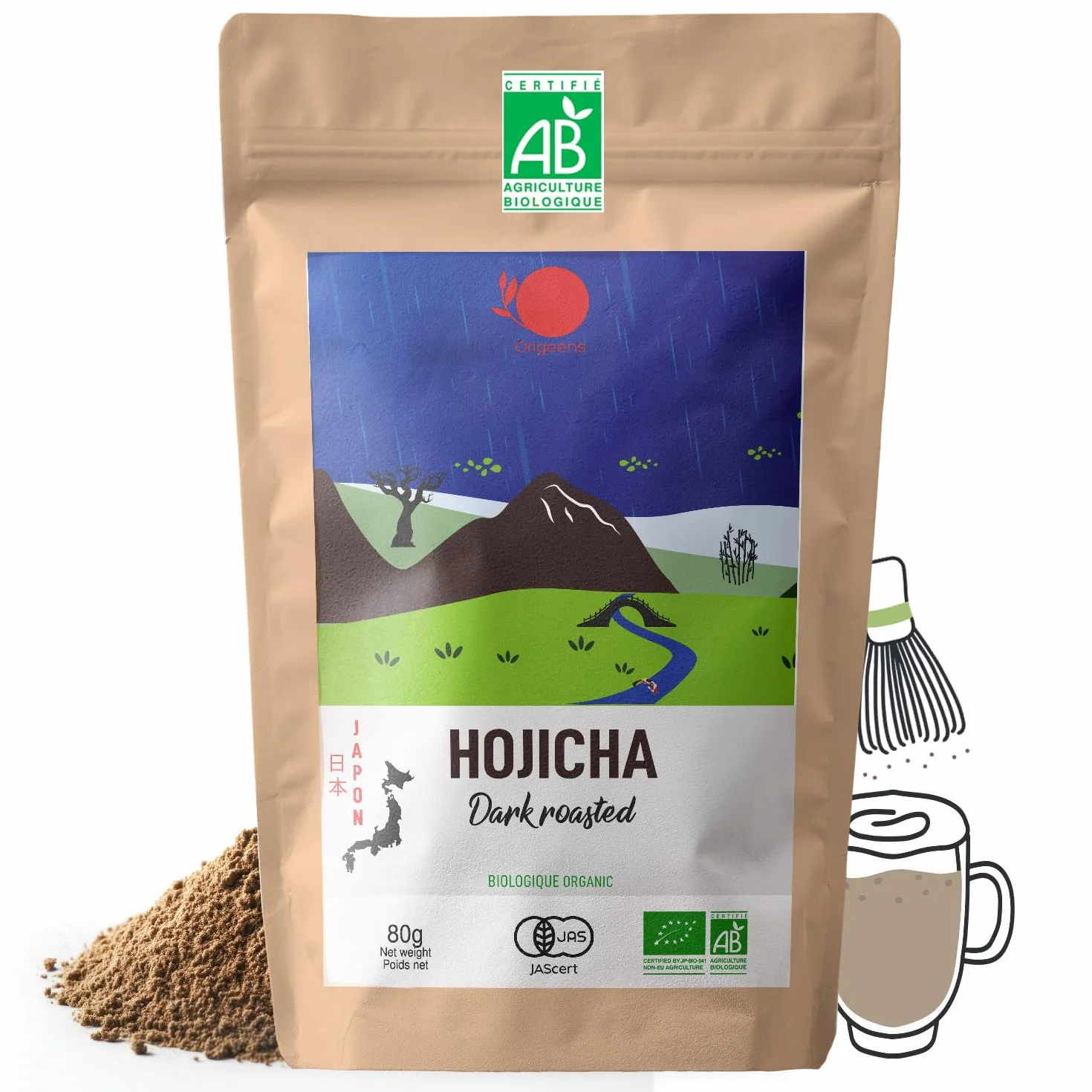 ORIGEENS Organiczna japońska herbata Hojicha w proszku - organiczna herbata Hojicha w proszku - saszetka 80g