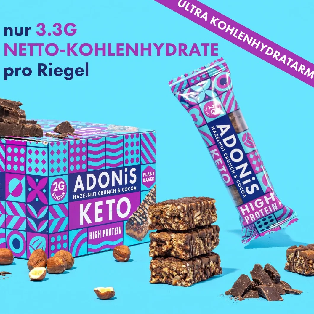 Adonis Proteinowy Keto Batonik Orzechami Laskowymi Czekolasowy Baton Keto Bar Naturalne Low Carb Wysoka białka Niskowęglowdanowy Wegański Niski Cukier Niskokaloryczne Utrata Wagi 16 Sztuk