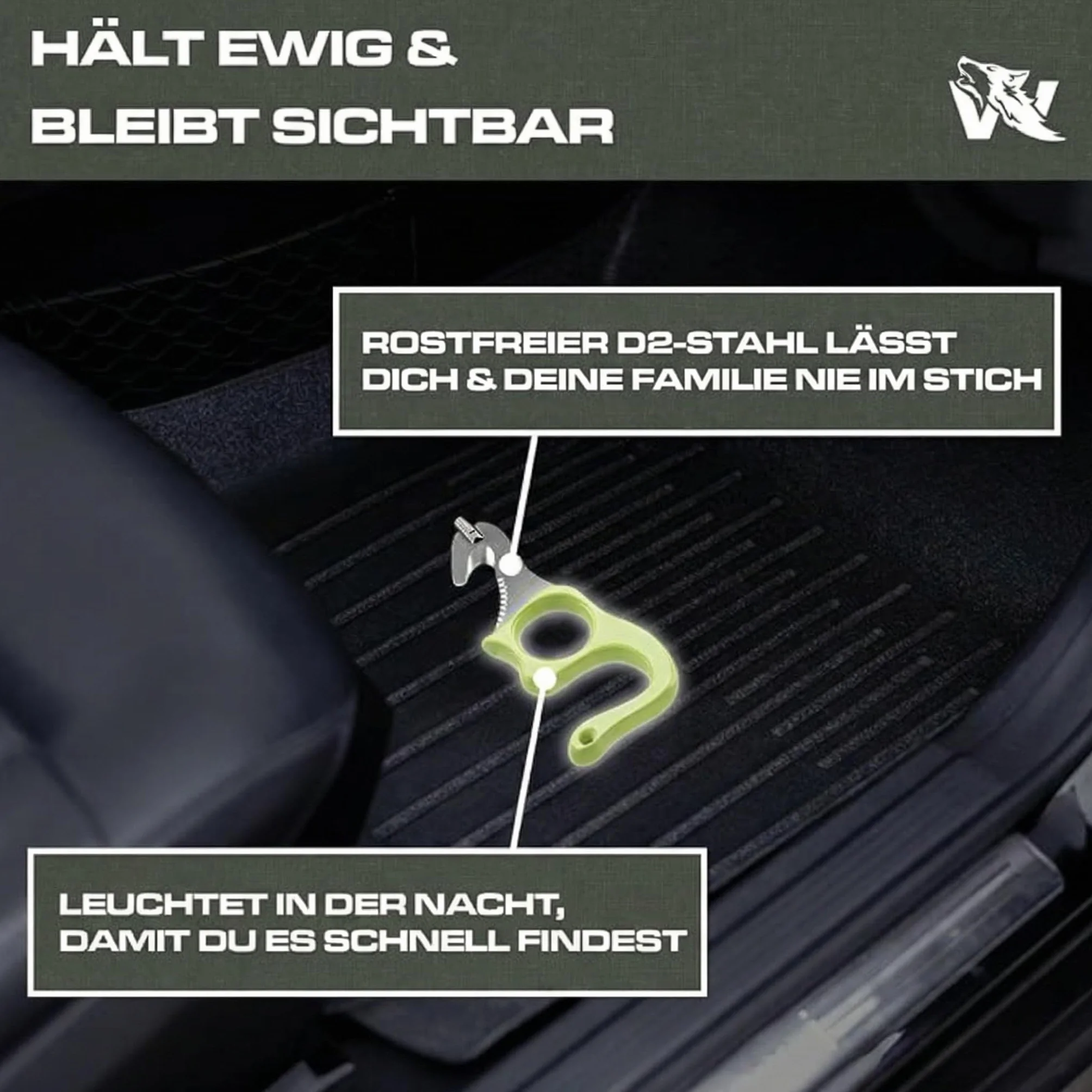 Wolfgangs Rescue Tool 440C Stahl Gurtschneider Notfallhammer Auto Leuchtfunktion