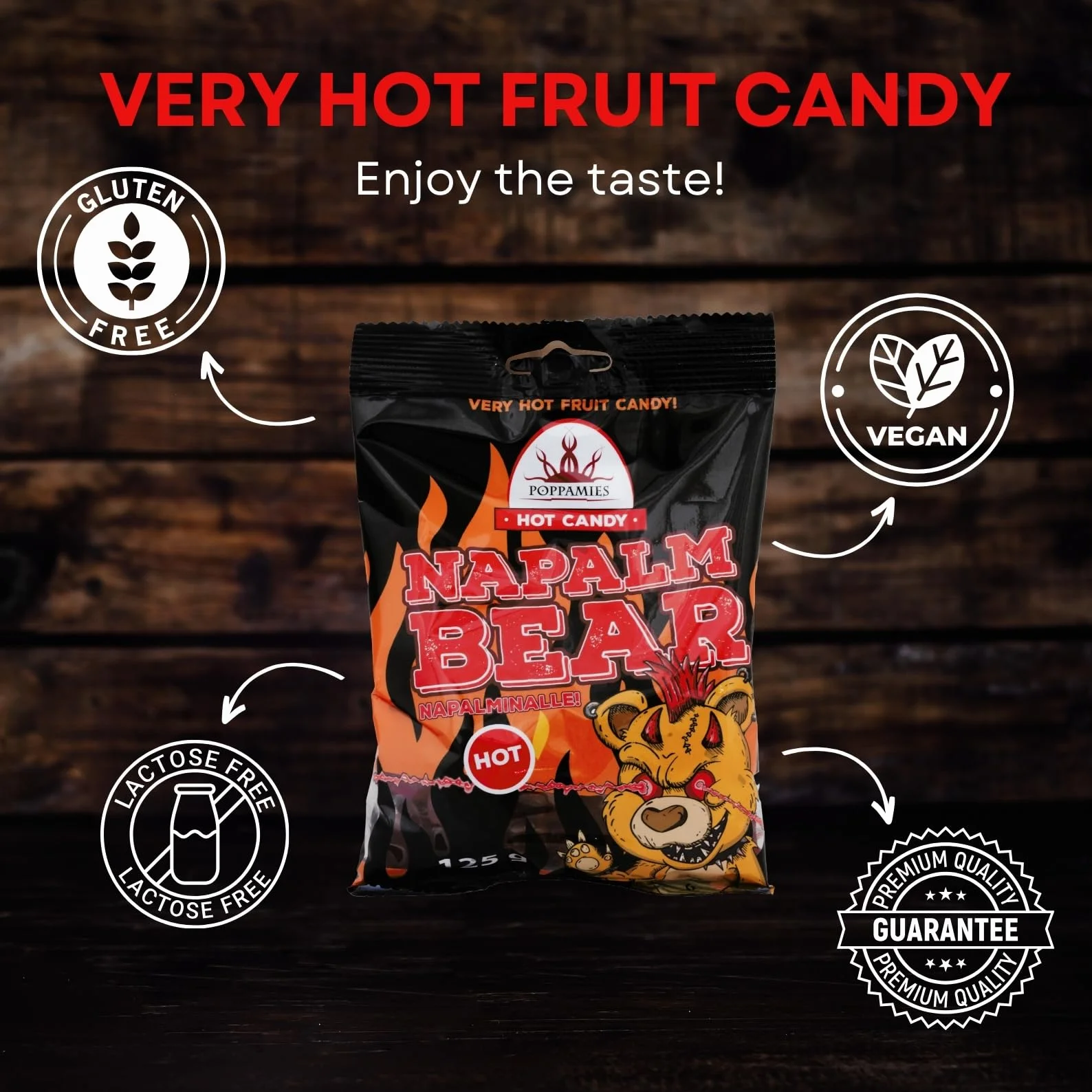 Poppamies Pikantne Żelki Poppamies NapalmiNalle Chili Fruit Gums - Bezglutenowe, Bezlaktozowe, Wegańskie - Nie dla dzieci ani na Halloweenowy Żart - Pikantność: 4/10 - Waga: 125g