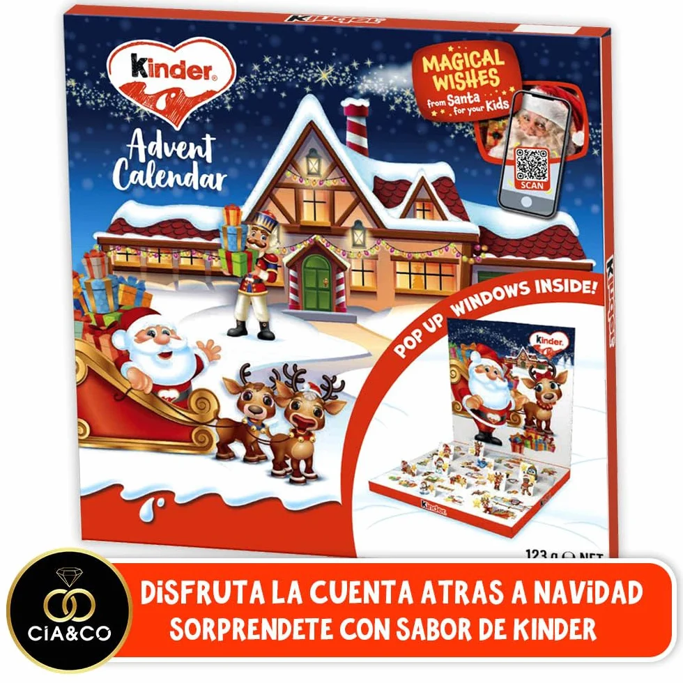 Kalendarz Adwentowy Kinder POP UP 2025 · 24 Czekoladki · Projekt 3D z Mikołajem i Reniferami · Zawiera Personalizowaną Kartkę · Idealny Prezent na Święta dla Dzieci i Rodzin · 125 g