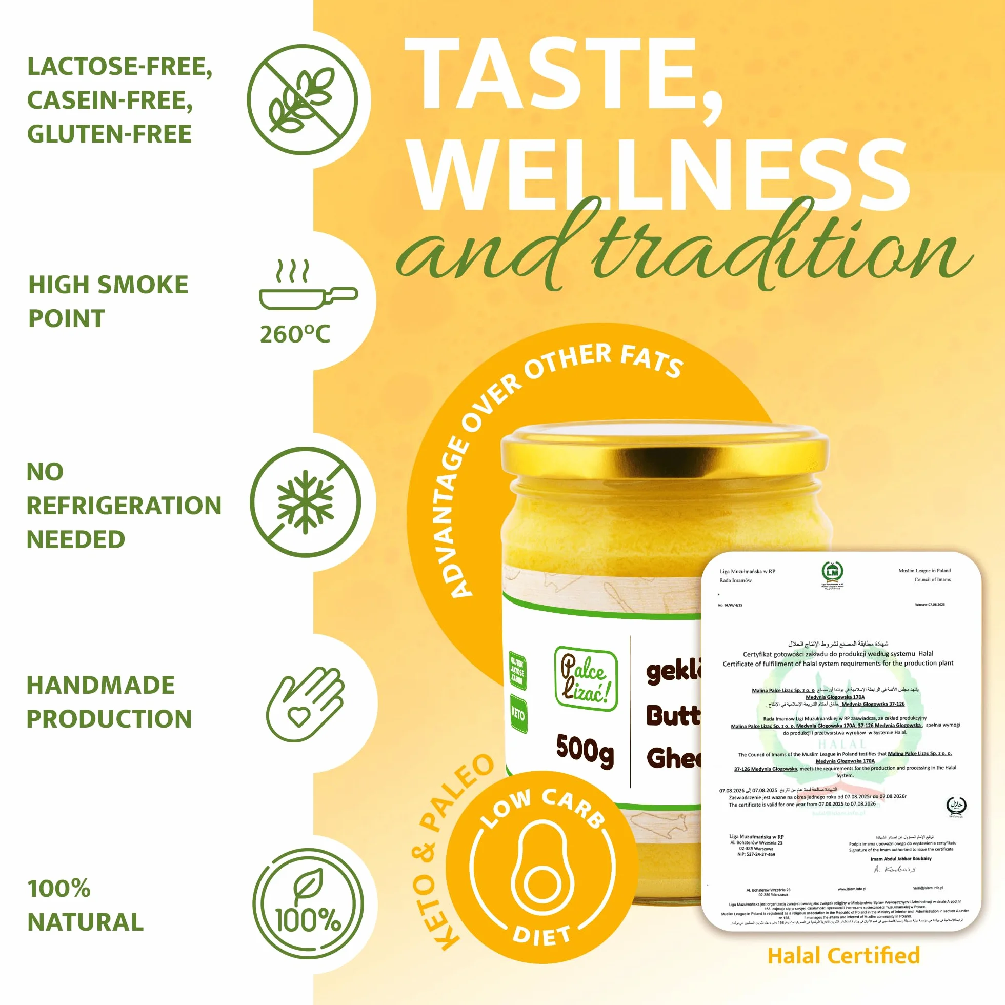 PALCE LIZAĆ Klarowane Masło Ghee 500 g | Ajurwedyjskie, bez laktozy, bez glutenu | Do gotowania, smażenia i pieczenia | Czysty tłuszcz maślany, idealne dla diety keto | 100% Naturalne