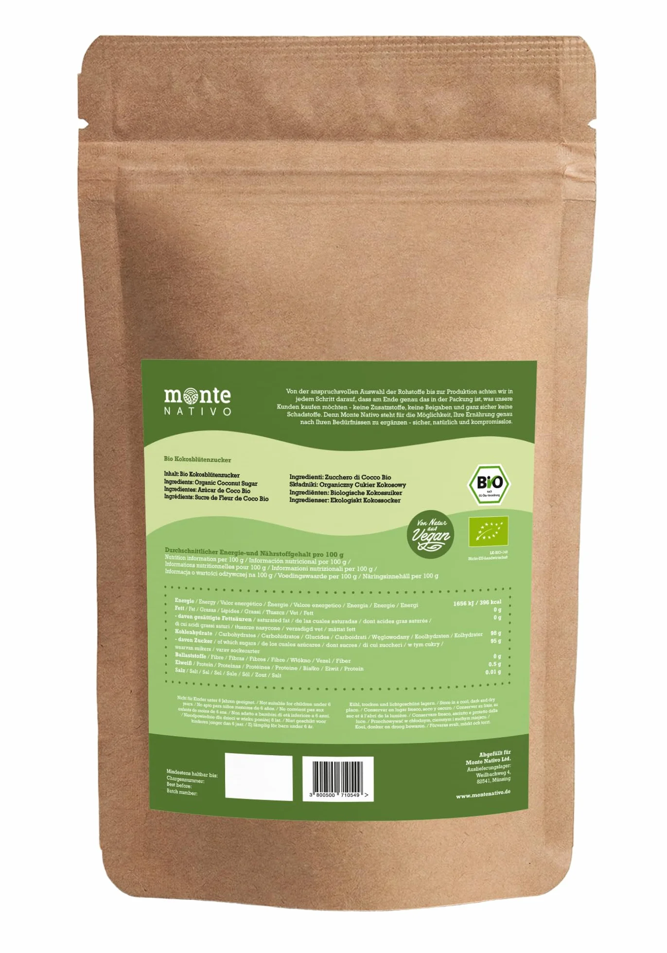 Organiczny cukier z kwiatu kokosowego Monte Nativo 1kg (1000g) – nierafinowany – pełnowartościowa alternatywa cukru – Z kontrolowanej uprawy ekologicznej - Wegański – Bez dodatków