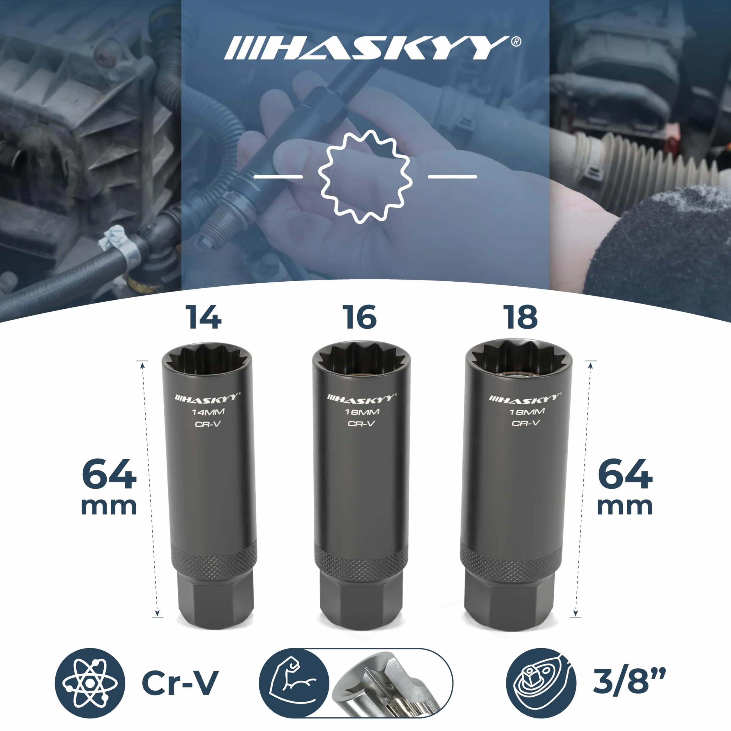 HASKYY Magnetyczny Zestaw Kluczy do Świec 14-16-18mm Nasadki Dwunastokątne 3/8" Komplet 3 Sztuk