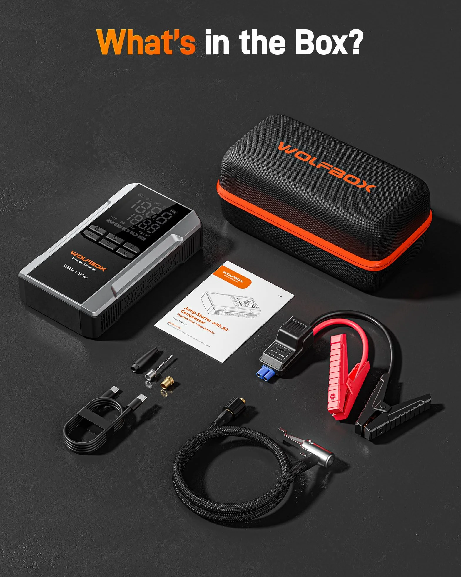 WOLFBOX Rozrusznik skokowy 3000 A 16000 mAh 160 PSI 65 W 12 V z sprężarką powietrza