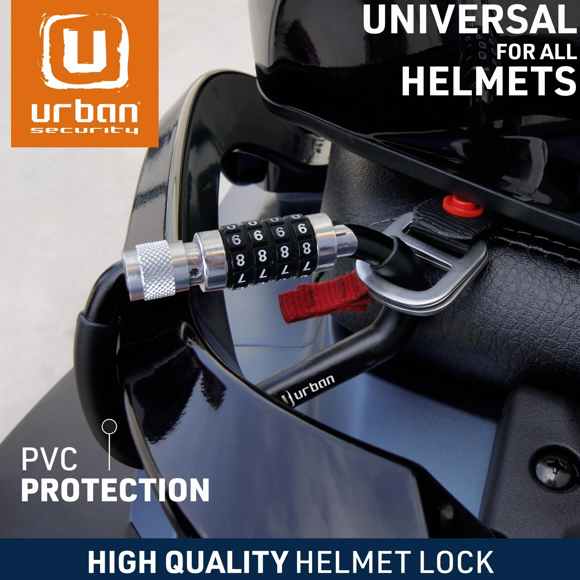 URBAN UR140 Kłódka do Kasku Motocyklowego z Kodem Zabezpieczającym, Stalowa Linka + Adapter