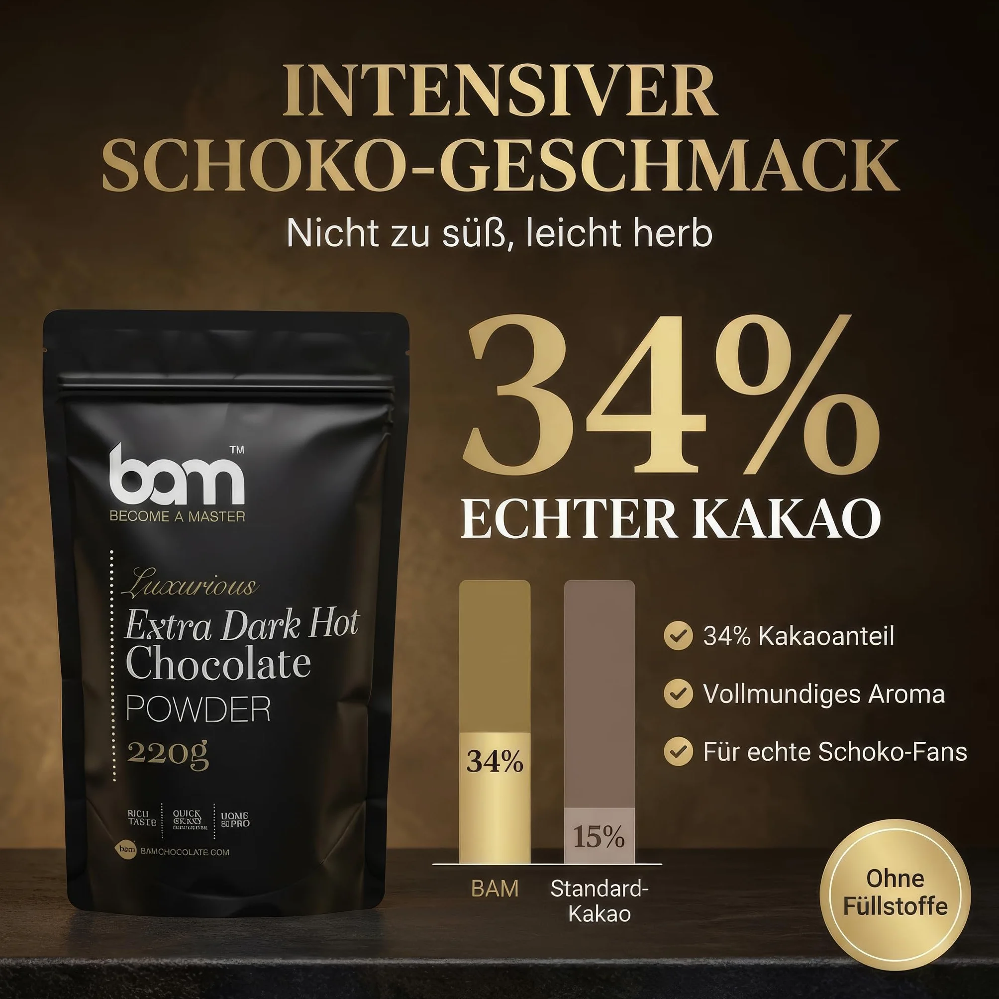 BAM Luksusowa mieszanka bardzo ciemnej gorącej czekolady w proszku z 34% kakao, 220 g, 7 porcji