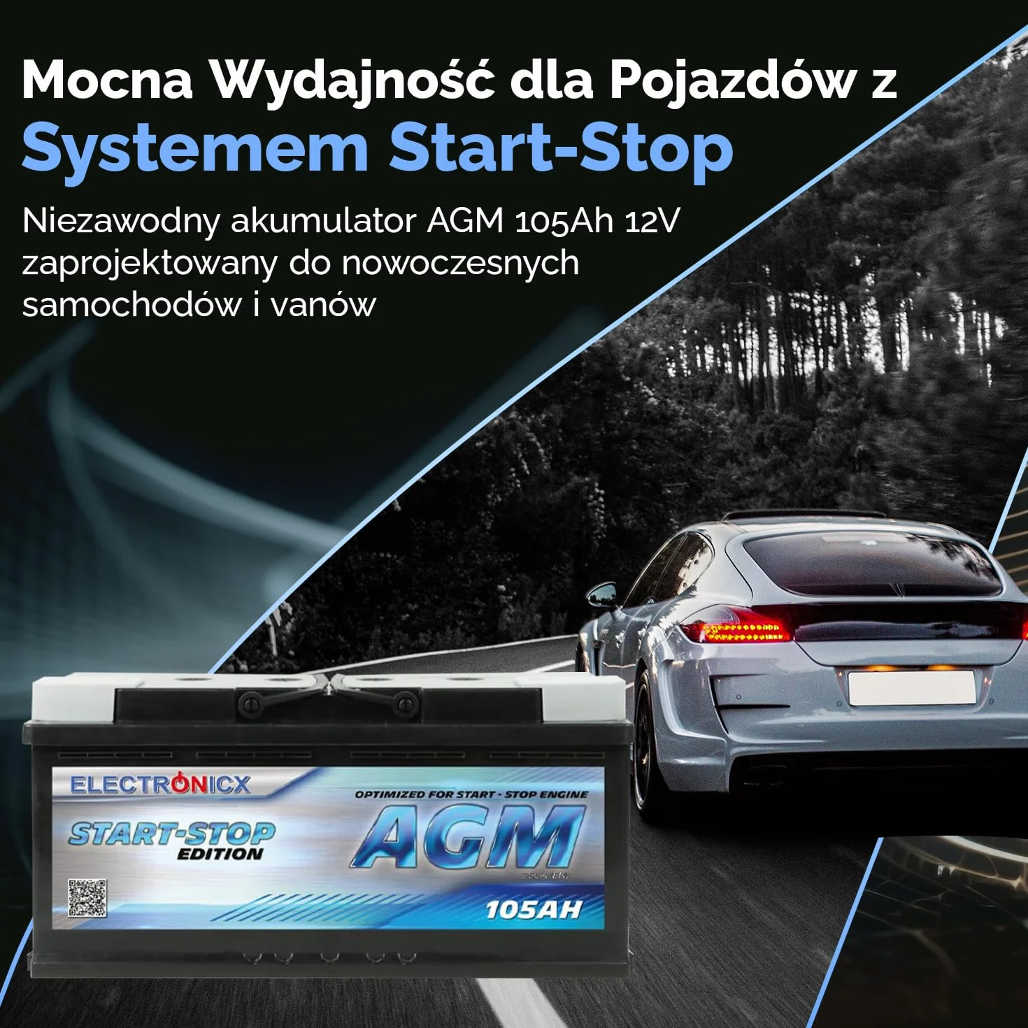 Electronicx AGM akumulator samochodowy 105Ah 12V – 950A EN akumulator rozruchowy, 105 Ah AGM, bezobsługowy, kompaktowy, wydajny – idealny do samochodów osobowych, SUV-ów i pojazdów użytkowych