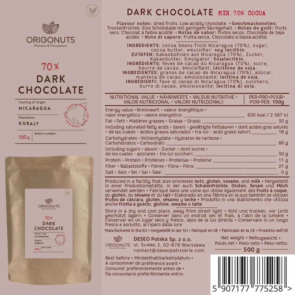 ORIGONUTS Dropsy Czekoladowe 70% Ciemna Czekolada z Nikaragui 500g