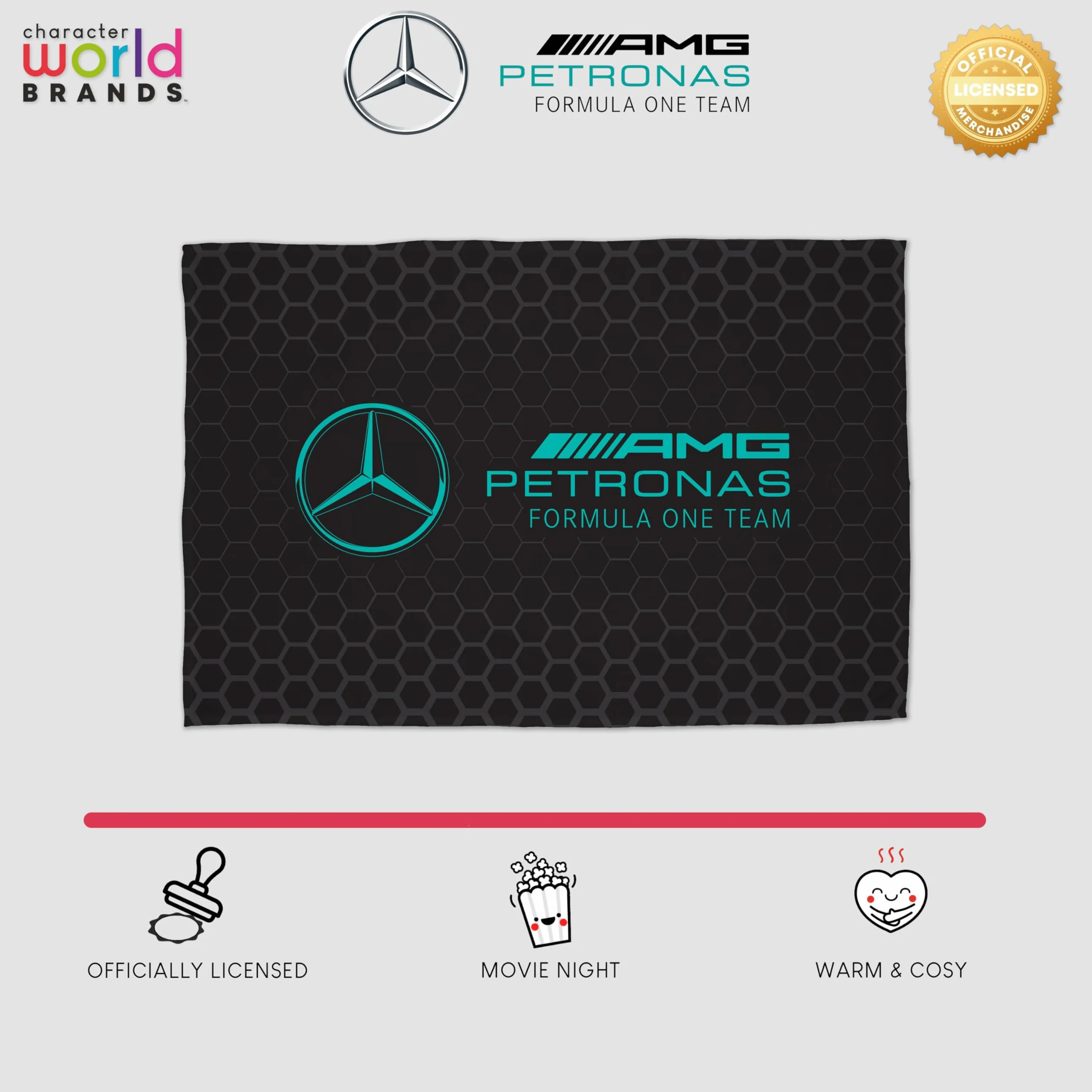 Character World Mercedes AMG Petronas oficjalny koc polarowy, super miękki, ciepły, czarny, wzór Stealth Formuły 1, idealny do sypialni, na kemping i nocowanie, 100 x 150 cm