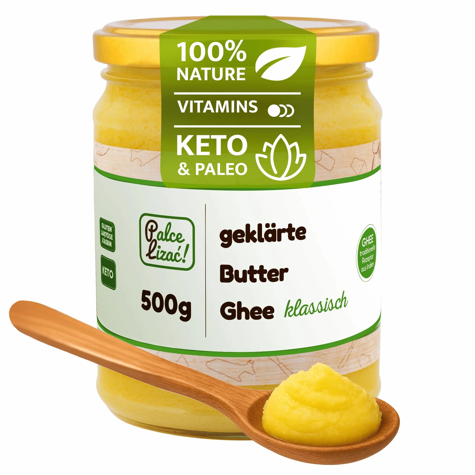 PALCE LIZAĆ Klarowane Masło Ghee 500 g | Ajurwedyjskie, bez laktozy, bez glutenu | Do gotowania, smażenia i pieczenia | Czysty tłuszcz maślany, idealne dla diety keto | 100% Naturalne