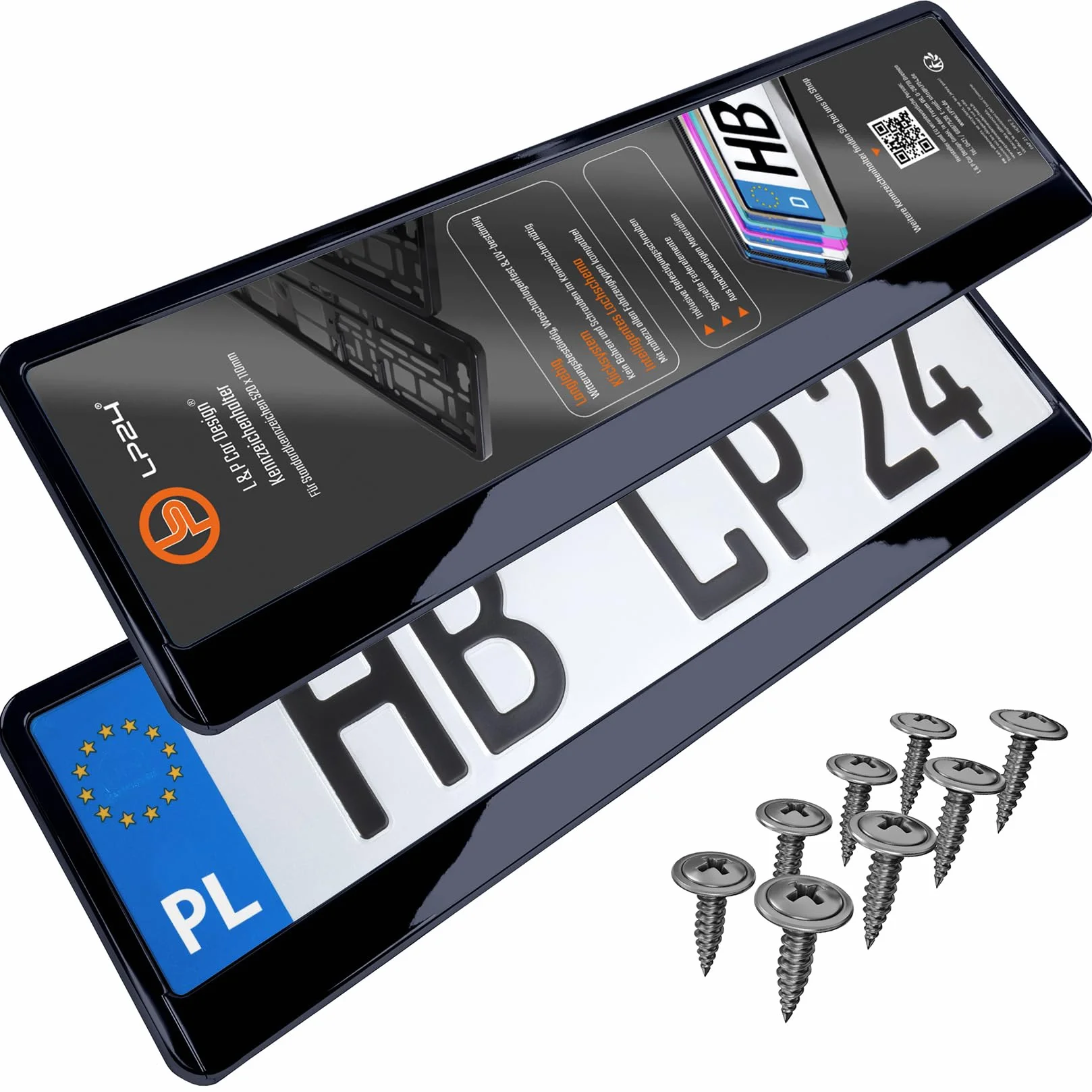 2x Uchwyt tablicy rejestracyjnej - trwały i bezpieczny - 8 śrub - czarny połysk - 520x110 mm - Ramka do tablic rejestracyjnych - pasuje do każdego samochodu - dla polskich tablic PL - uniwersalny