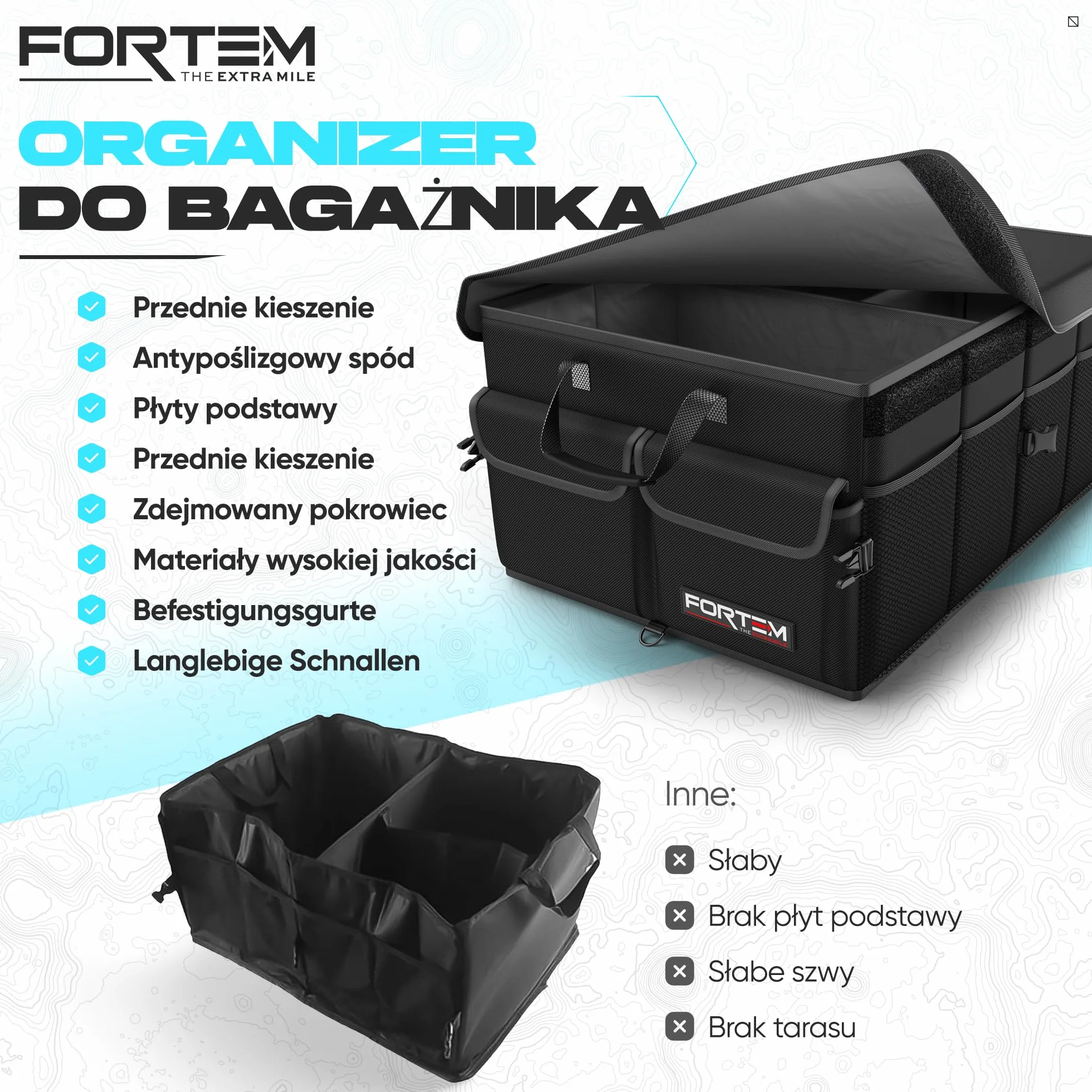 FORTEM Organizer do Bagażnika, Składany Pojemnik Samochodowy do SUV, Torba na Akcesoria Auto, Wielokomorowy Schowek z Materiału 600D Oxford, Antypoślizgowy Spód, Pasy Mocujące, Pokrywa (65L)