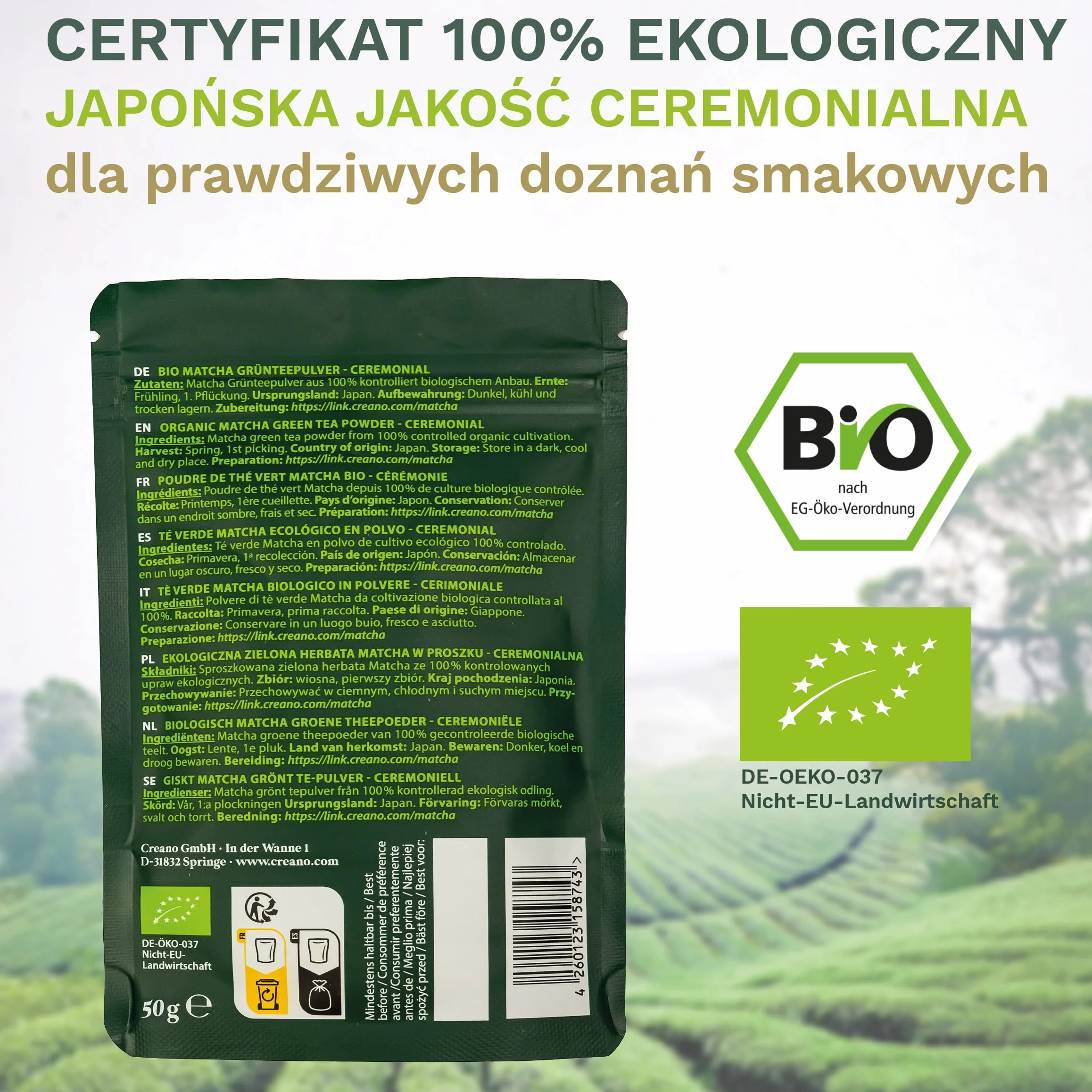 Ceremonialna herbata Creano Organic Matcha 50g z Japonii Aichi Kioto Shizuoka Kagoshima