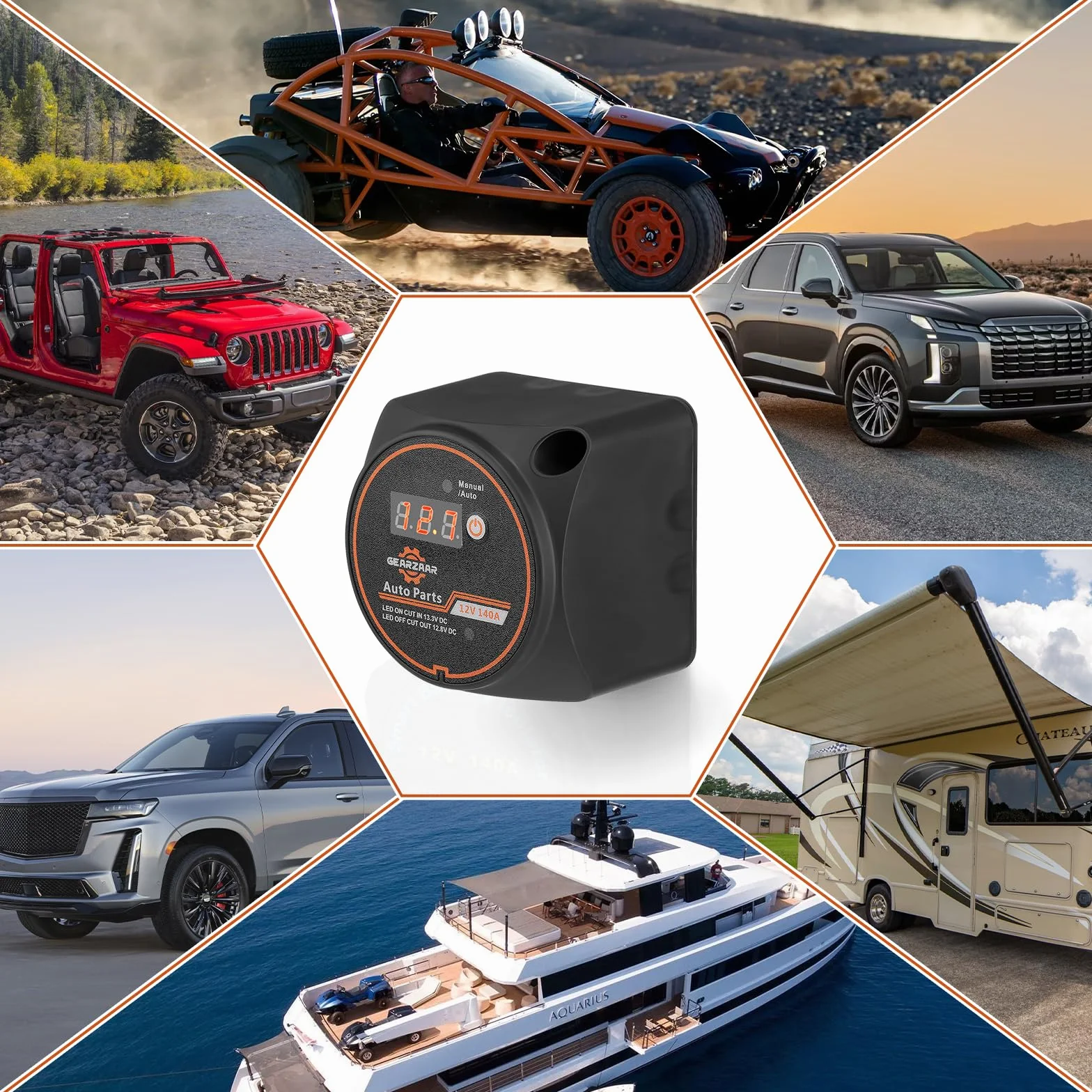 GEARMONSTER 12 V/140 A BSR w pełni automatyczny przekaźnik odłączający do akumulatora z wyświetlaczem LCD, przekaźnikiem do ładowania samochodów kempingowych, wrażliwych na napięcie, VSR Dual Battery
