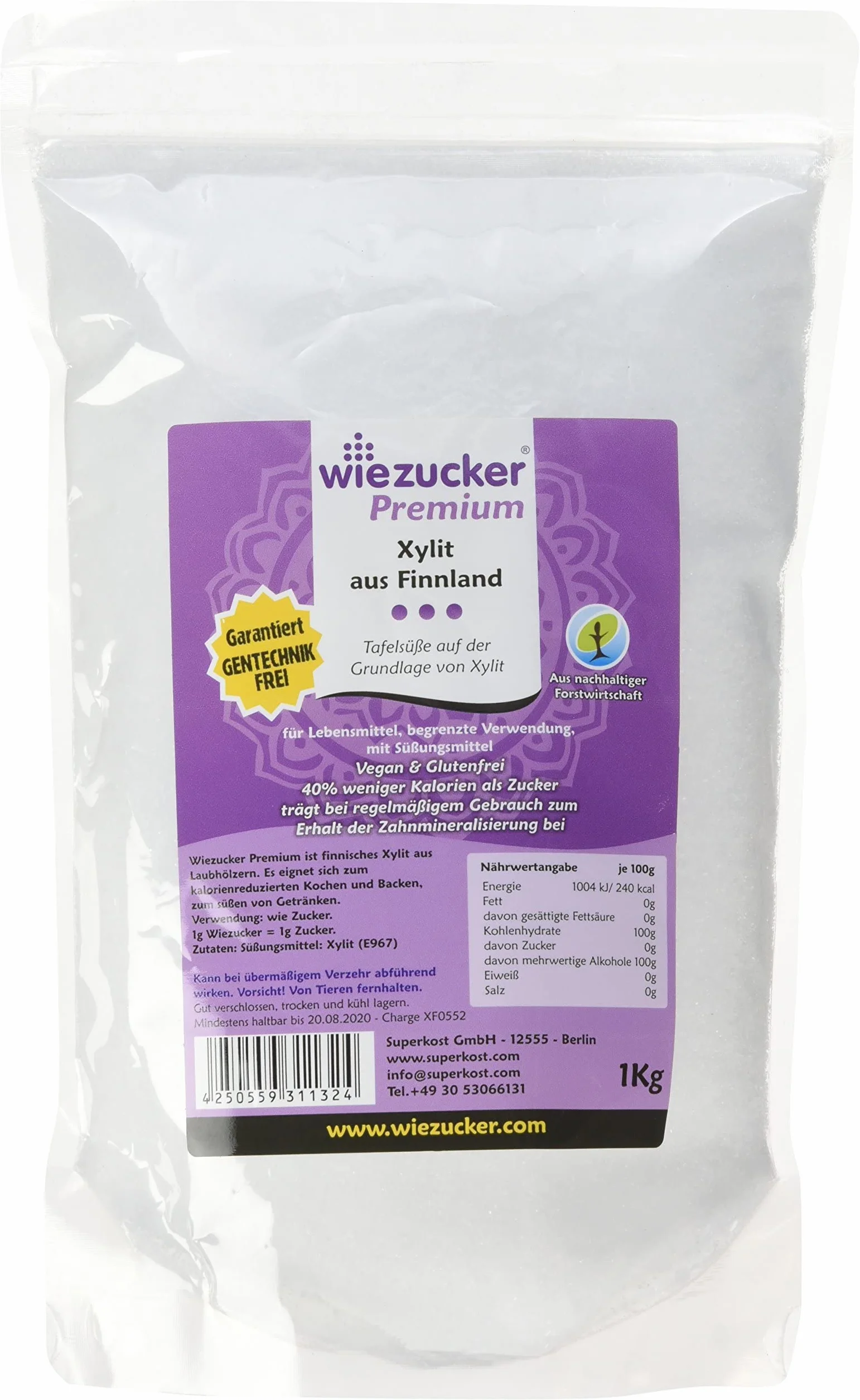 Wiezucker Premium Cukier Brzozowy z Finlandii Xylit, Wyprodukowany z Drewna Liściastego, (1 x 1 kg)