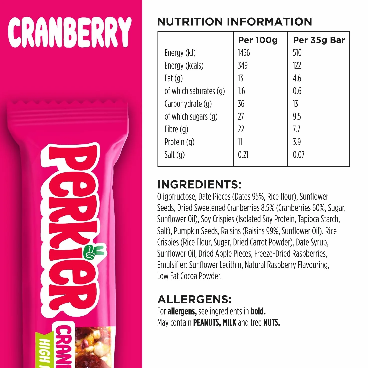 Perkier, Cranberry & Goji (18 batonów), zdrowe batony, wegańskie, bezglutenowe i niskokaloryczne