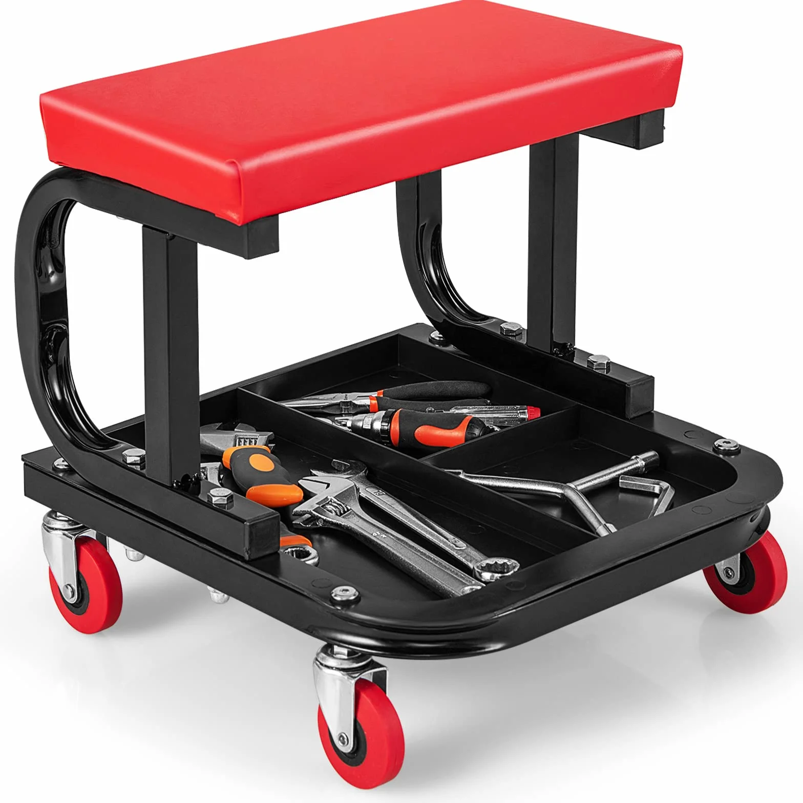 COSTWAY Taboret warsztatowy na kółkach, warsztatowy taboret na kółkach 150 kg udźwig, taboret roboczy z półką i miękką podkładką na siedzisko, taboret na kółkach, taboret montażowy do narzędzi, 38 x