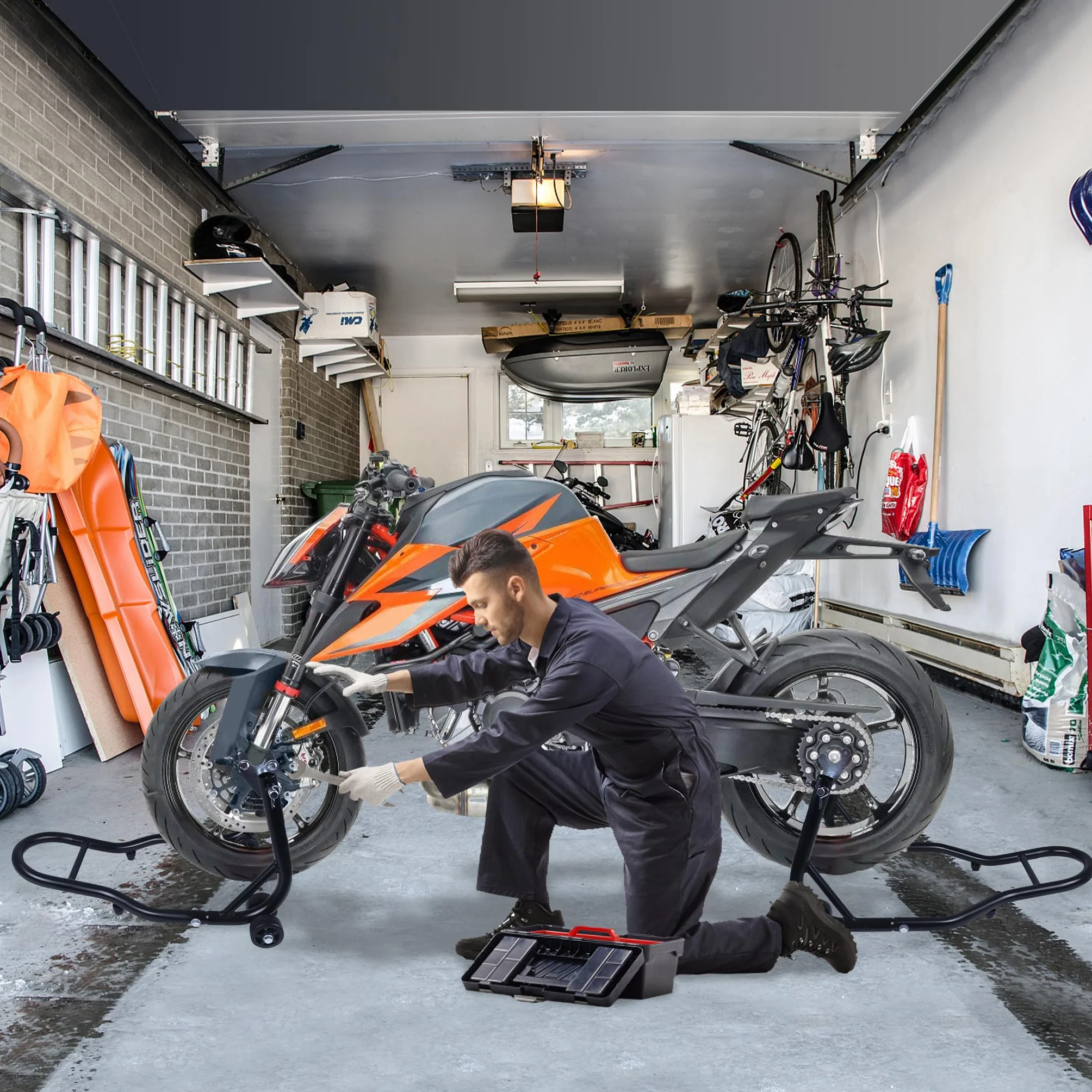 XMTECH 2 sztuki stojaków na motocykl z tyłu i z przodu, stojak do montażu motocykla, stojak na motocykl, zestaw z kółkami, czarny