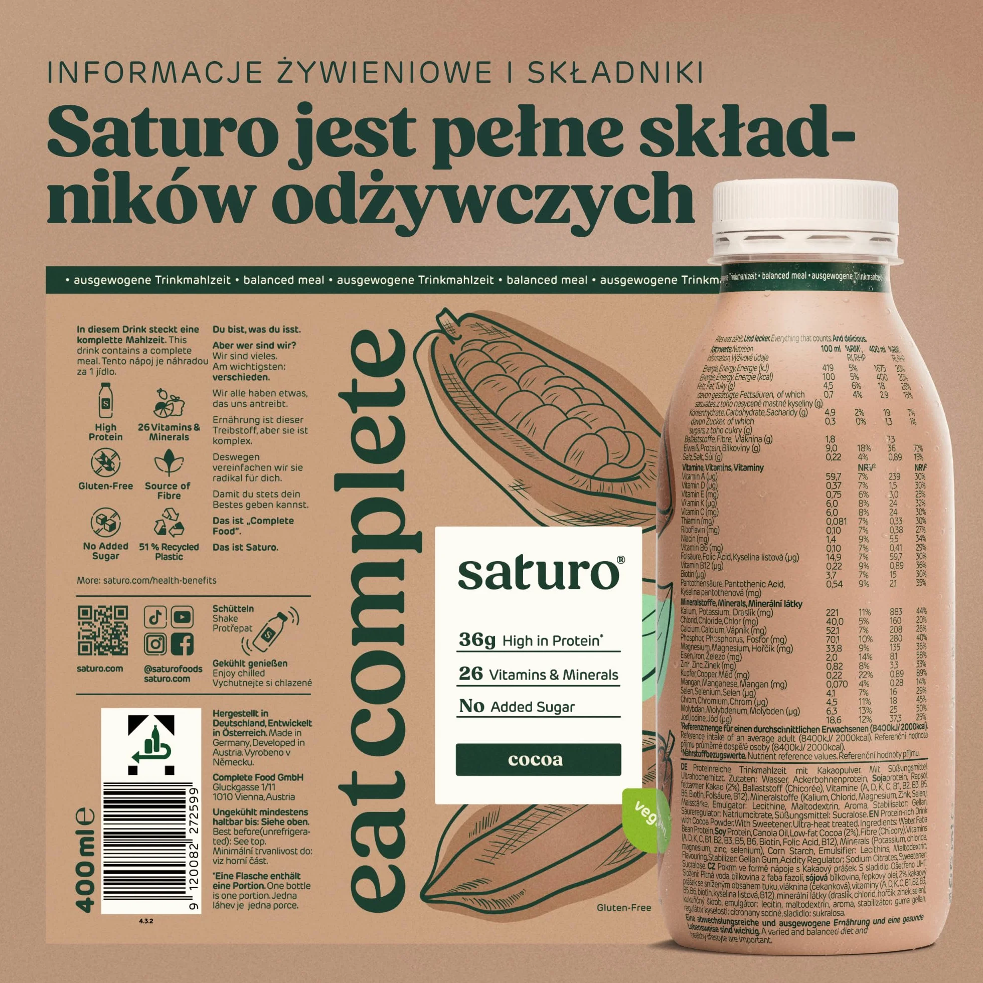 Saturo żywność dla astronautów, płynne jedzenie z białkiem, bezlaktozowe, bezglutenowe, wegańskie