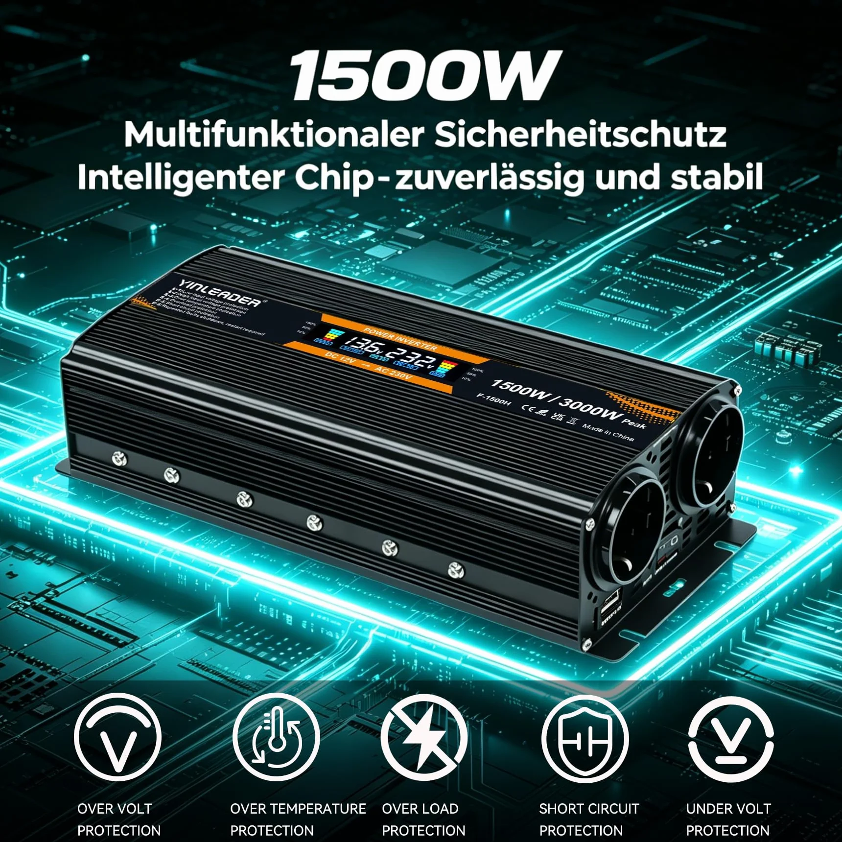 Przetwornica napięcia 12 V, 230 V, 1500 W/ 3000 W, przetwornica prądu z 2 gniazdami, 1 USB