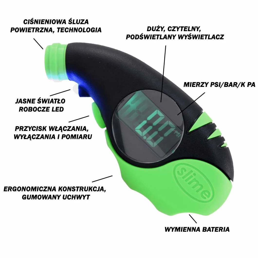 Slime 20475-95 Manometr do Mierzenia Ciśnienia w Oponach, Elite Digital, Technologia Śluzy Powietrznej, Duży i Jasny Wyświetlacz LCD, 5–150 psi