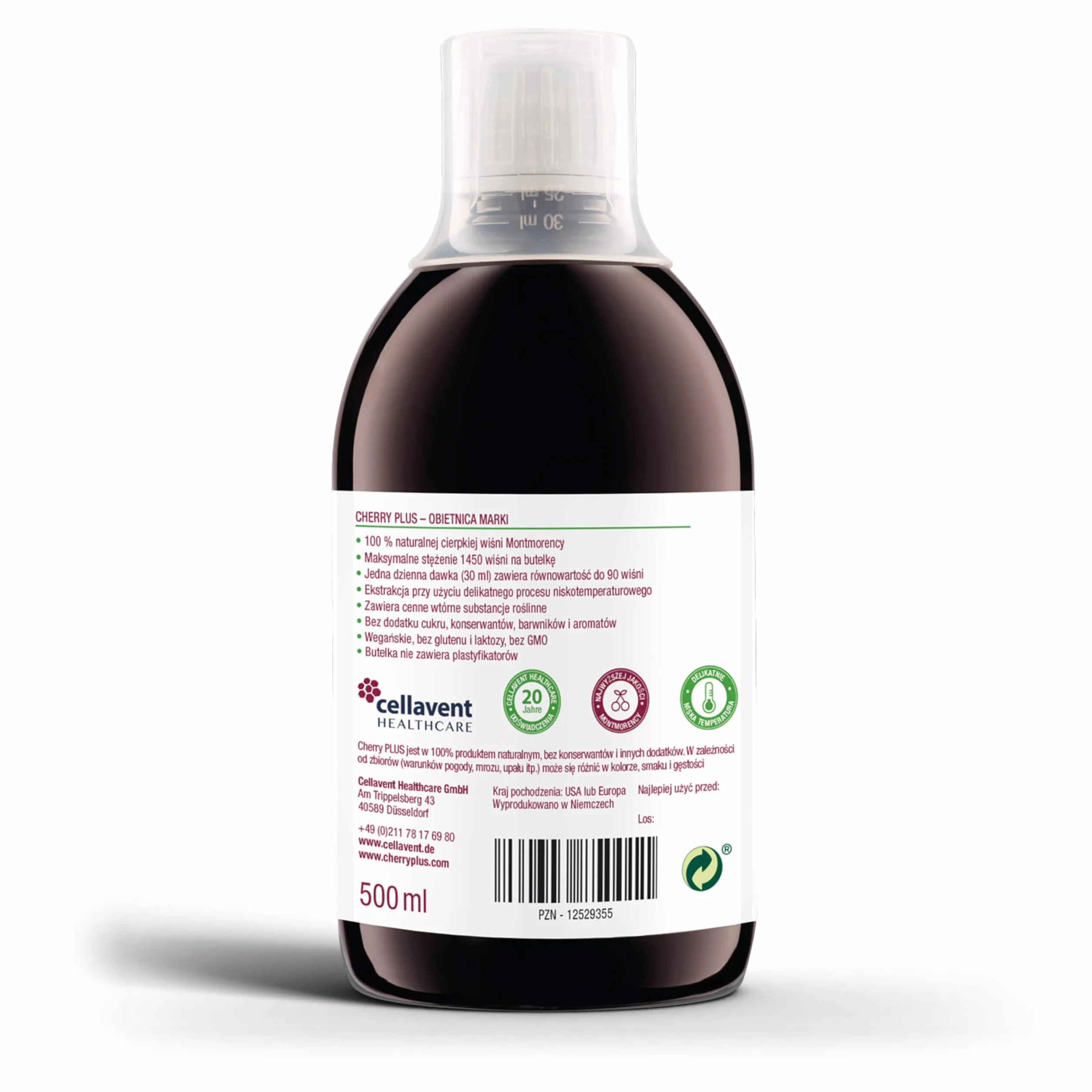 Cherry Plus koncentrat z czereśni Montmorency, Wysoko skoncentrowany (z soku bezpośredniego), Czysty, 500 ml