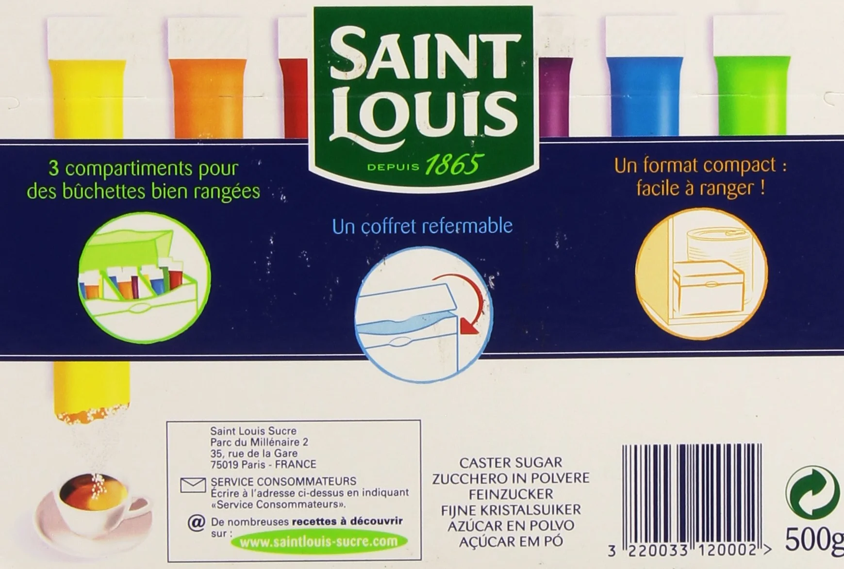 Cukier drobnoziarnisty Saint Louis 500 g kolorowy w patyczkach
