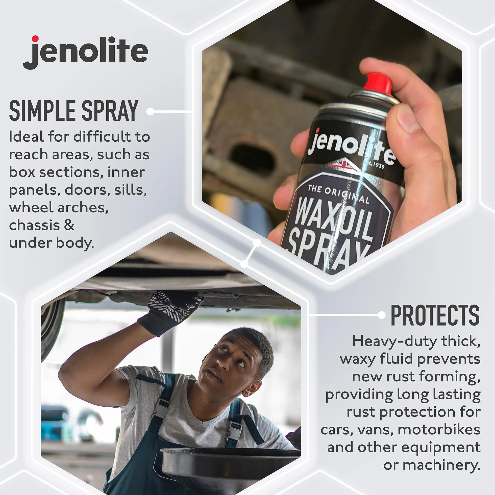 JENOLITE Waxoil zapobieganie rdzy i ochrona aerozolu, przezroczysty, woskowy spray antykorozyjny do samochodów, samochodów dostawczych i motocykli, spray chroniący przed rdzą, 500 ml