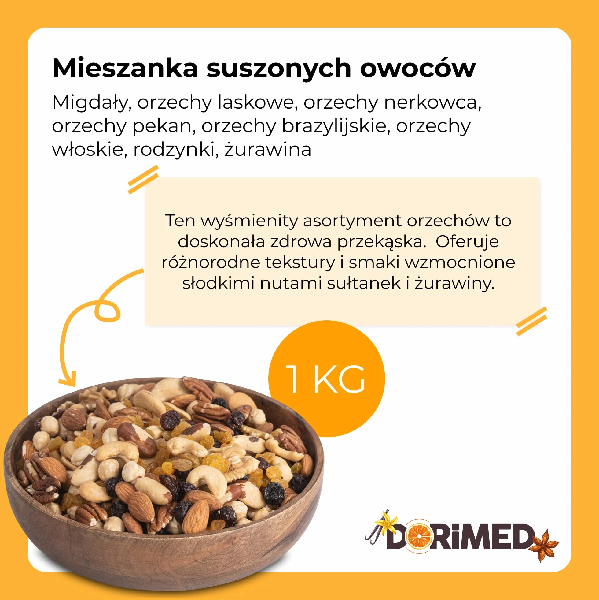Mieszanka studencka - mieszanka orzechów z rodzynkami, wybór migdałów, orzechów nerkowca, orzechów włoskich, czarnych i złotych rodzynek, 1 kg