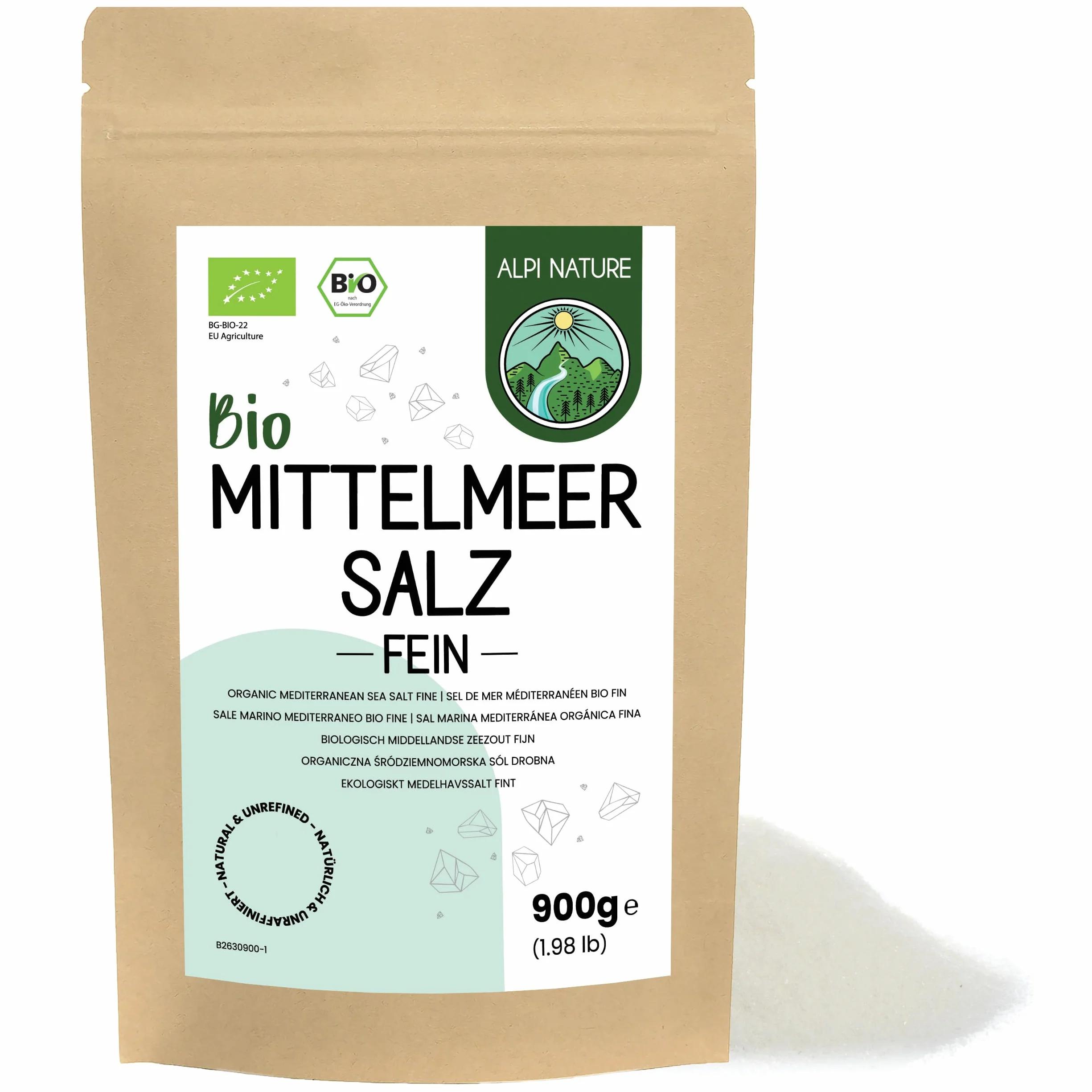 Alpi Nature Ekologiczna Drobna Sól Morska Śródziemnomorska 900g, Drobna Sól Morska do Gotowania i Kąpieli