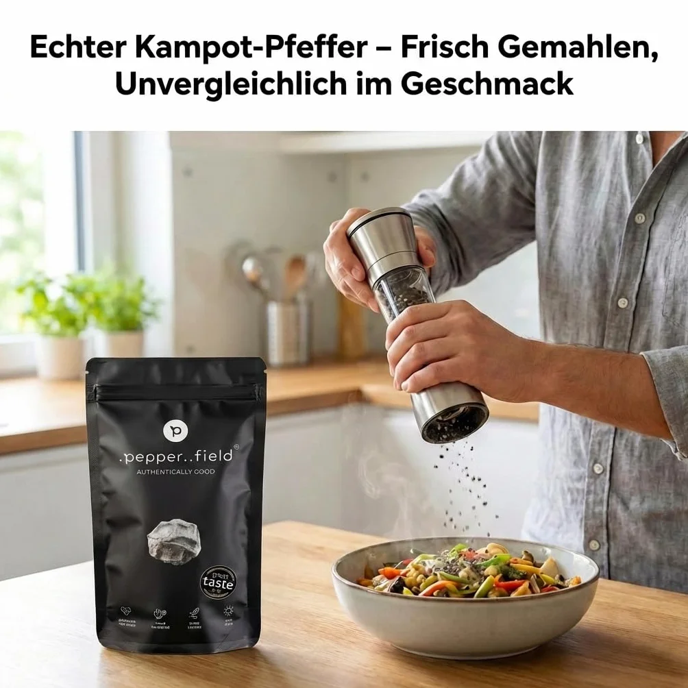 Pepper Field Kampot Pieprz Czarny – Premium Pieprz Czarny W Całości z Kambodży, Świeży & Aromatyczny, Całe Ziarna Pieprzu do Młynka & Kuchni, Great Taste, Idealny do Gotowania & Grillowania, 250g