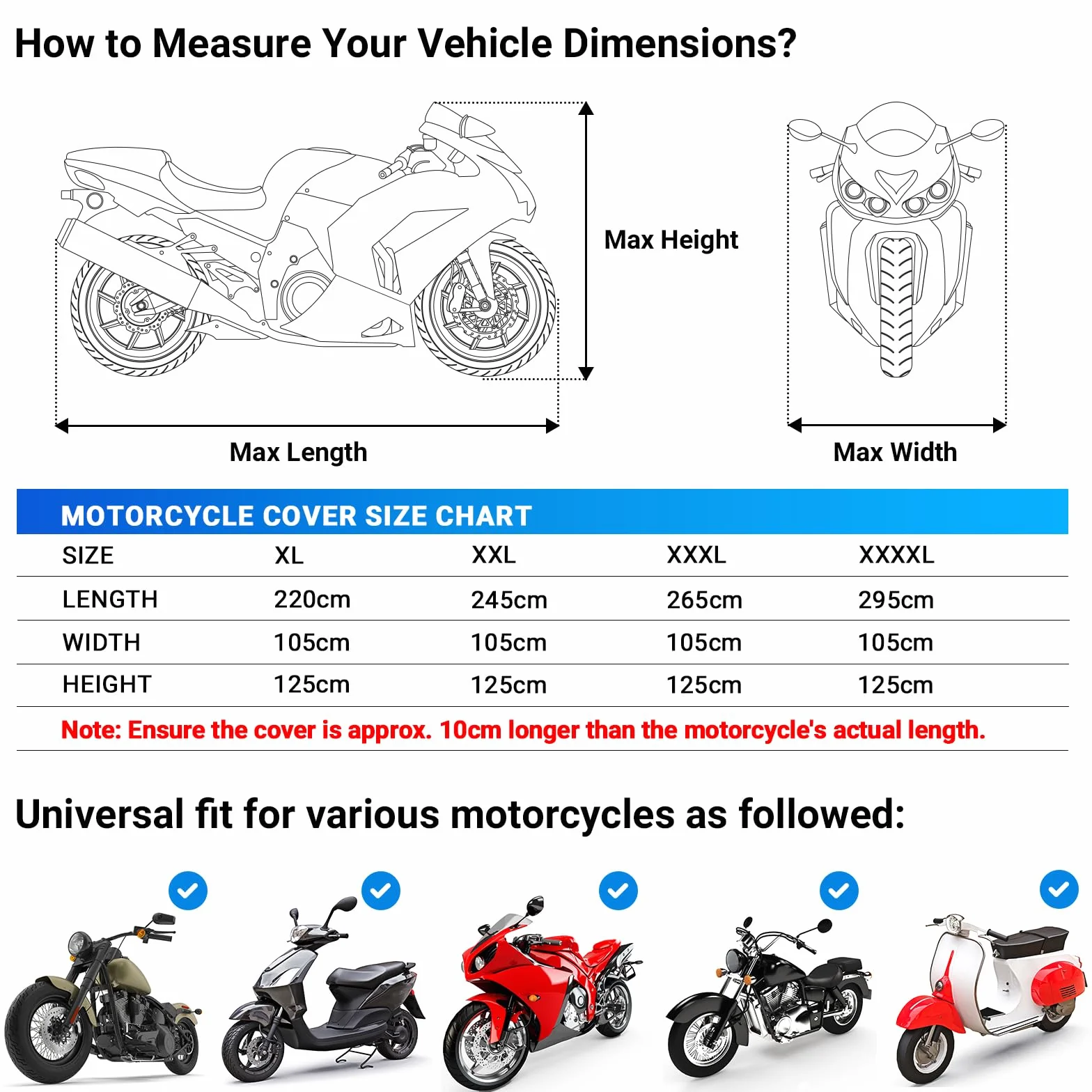 Favoto Zaktualizowana wersja pokrowiec na motocykl 210D wodoodporny pokrowiec na motocykl XXXL UV zarysowania ptasie odchody odporne na ciepło ochrona zewnętrzna z 2 wiatroszczelnymi klamrami 264 x
