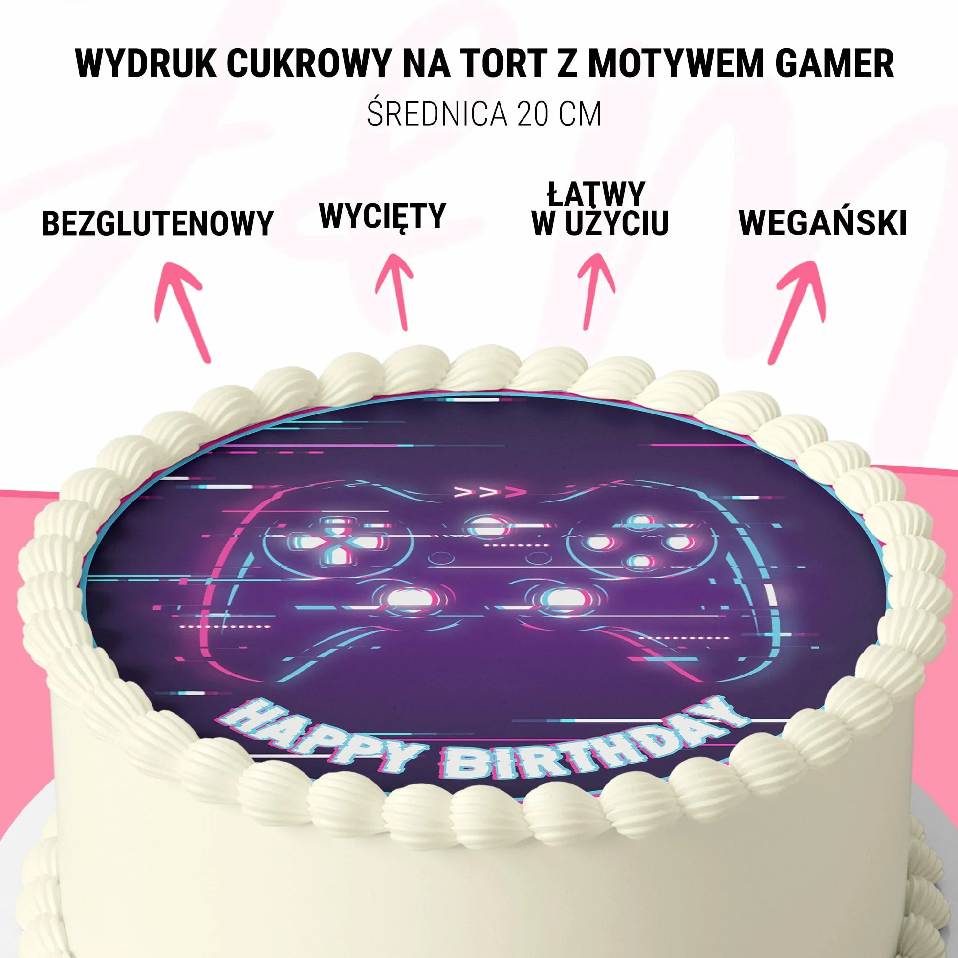 J&M DECO Nakładka na tort dla graczy Ø 20 cm jadalna dekoracja ciast z papieru cukrowego