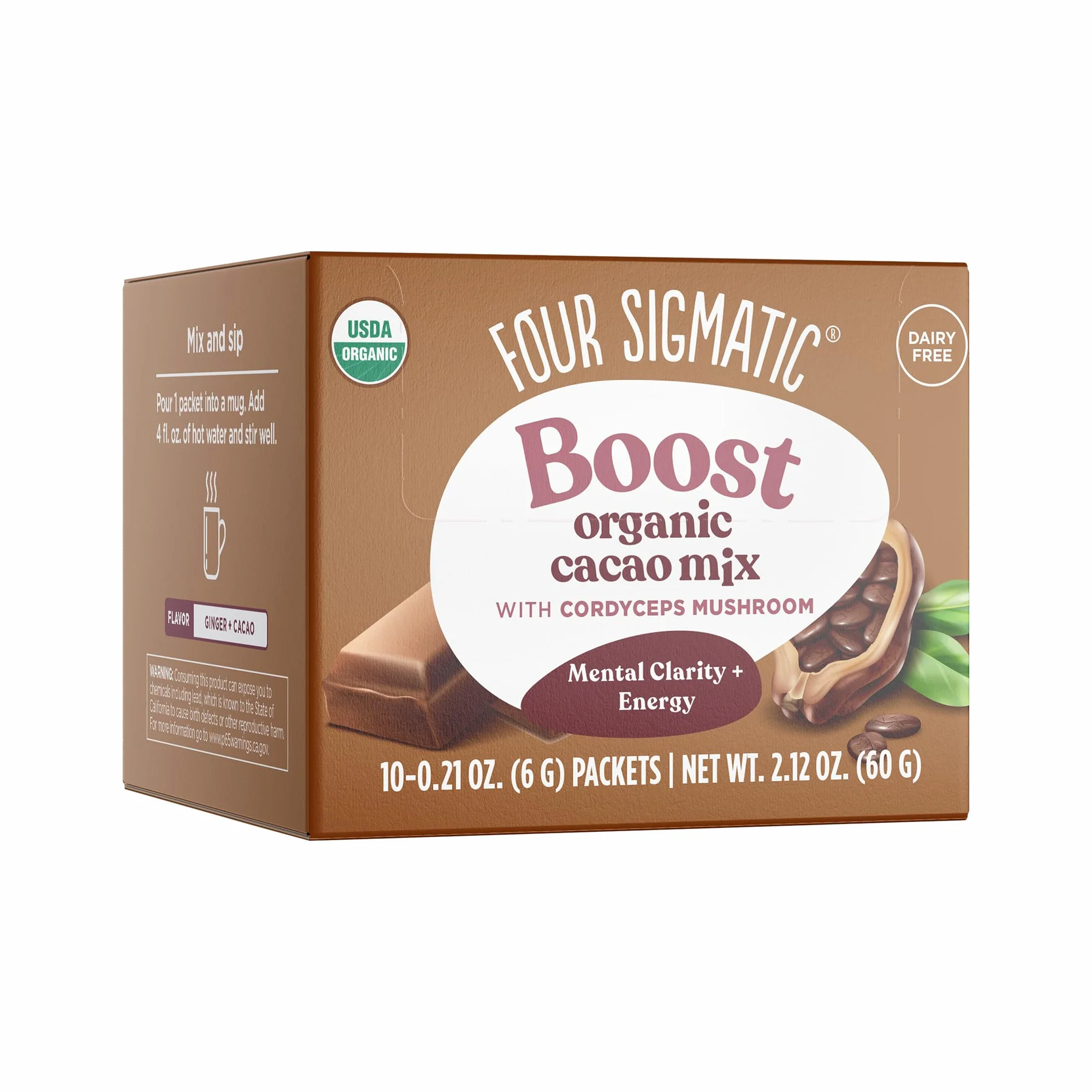 Mushroom Cacao Mix by Four Sigmatic, organiczny kacao instant with cordyceps, imbir i kokos, wspiera wydajność i energię, napój lub piecz z nim, wegański, bezglutenowy, bez dairy | 10 liczy