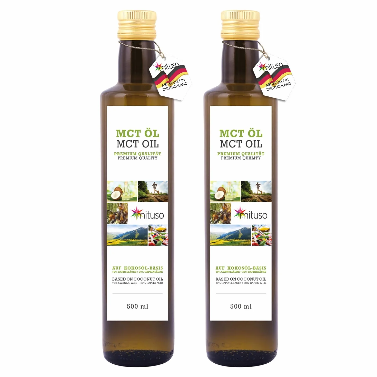 mituso MCT olej na bazie oleju kokosowego – 2 x 500 ml | 70% kwas kaprylowy (C8) i 30% kwas kaprynowy (C10) kwasy tłuszczowe | 100% czysty olejek MCT bez smaku – bez cukru, bez GMO