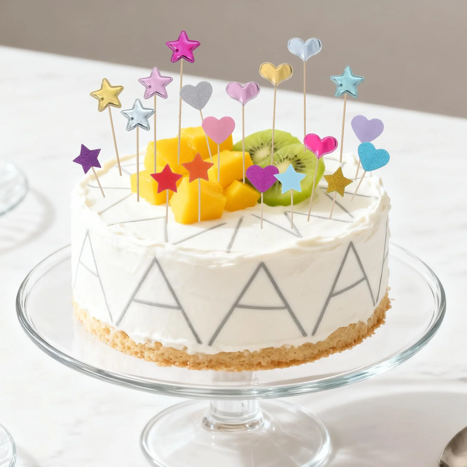 30 szt. brokatowych patyczków do babeczek w kształcie serca, kolorowe ozdoby na tort w kształcie serca i gwiazdy, urocze dekoracje imprezowe na urodziny, baby shower, artykuły imprezowe