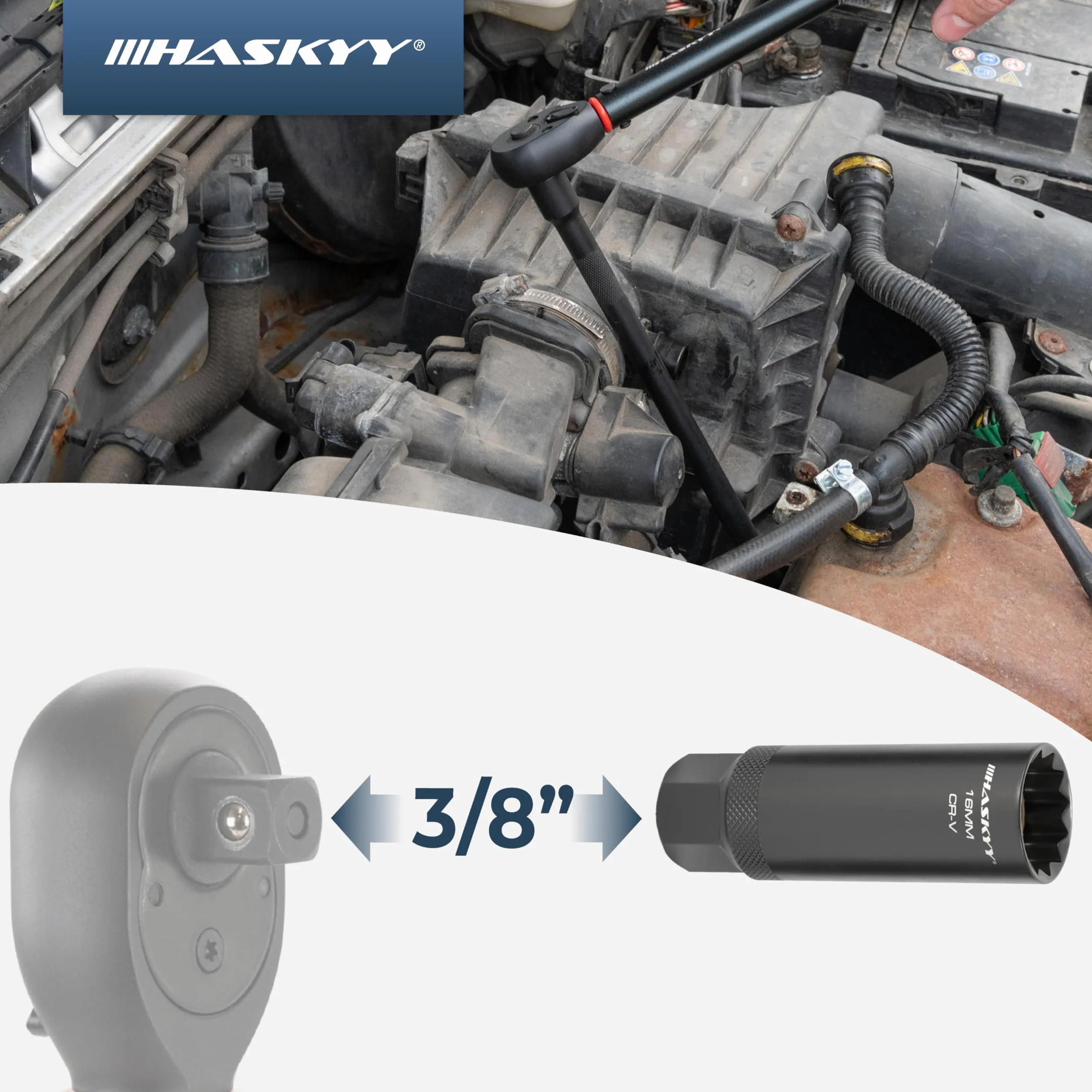 HASKYY Magnetyczny Zestaw Kluczy do Świec 14-16-18mm Nasadki Dwunastokątne 3/8" Komplet 3 Sztuk