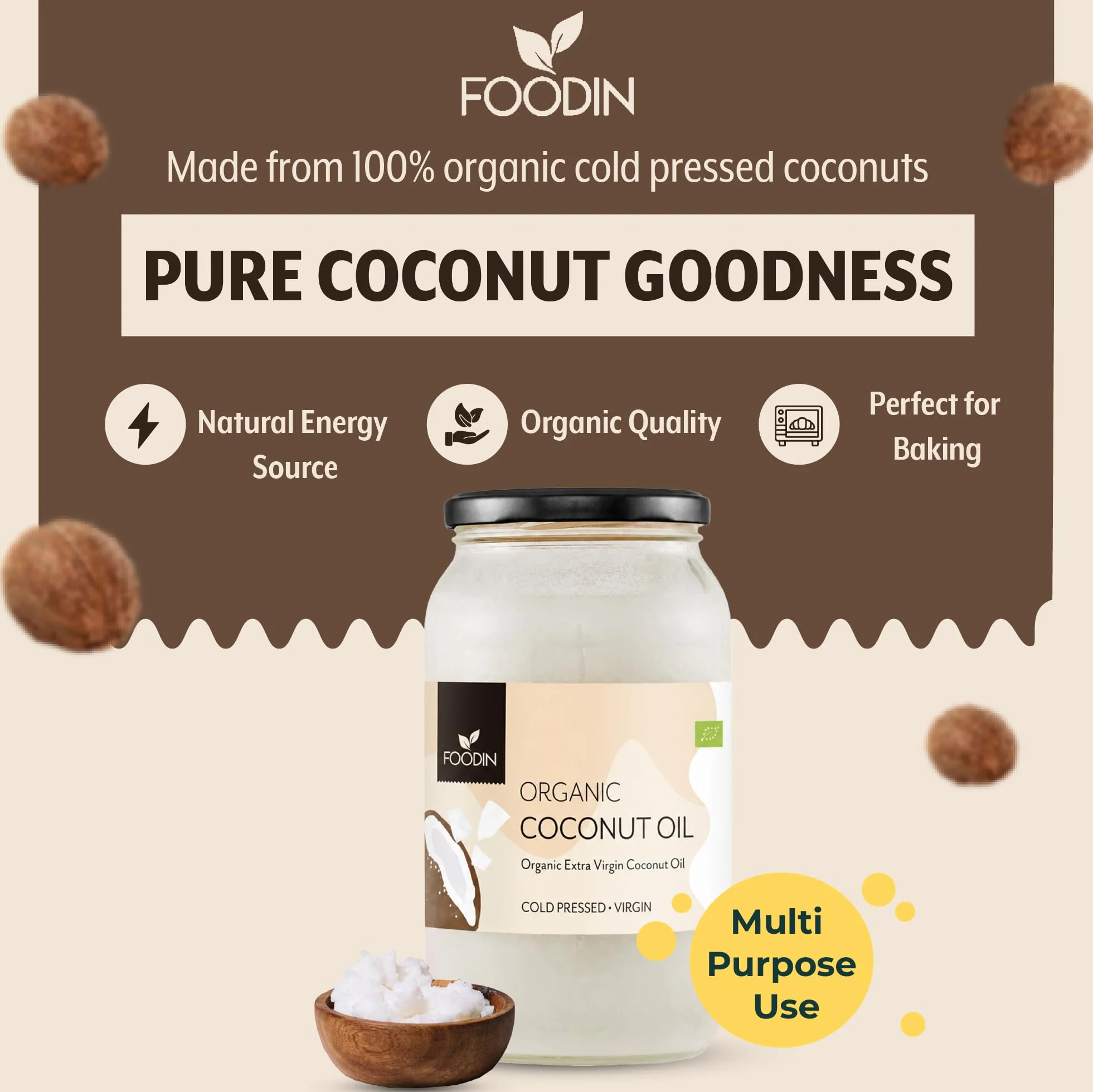 FOODIN Organiczny olej kokosowy, premium virgin i naturalny, tłoczony na zimno,organiczny olej kokosowy, najlepszy dla skóry i włosów, jakość surowej żywności - idealny do smażenia gotowania (1000ml)