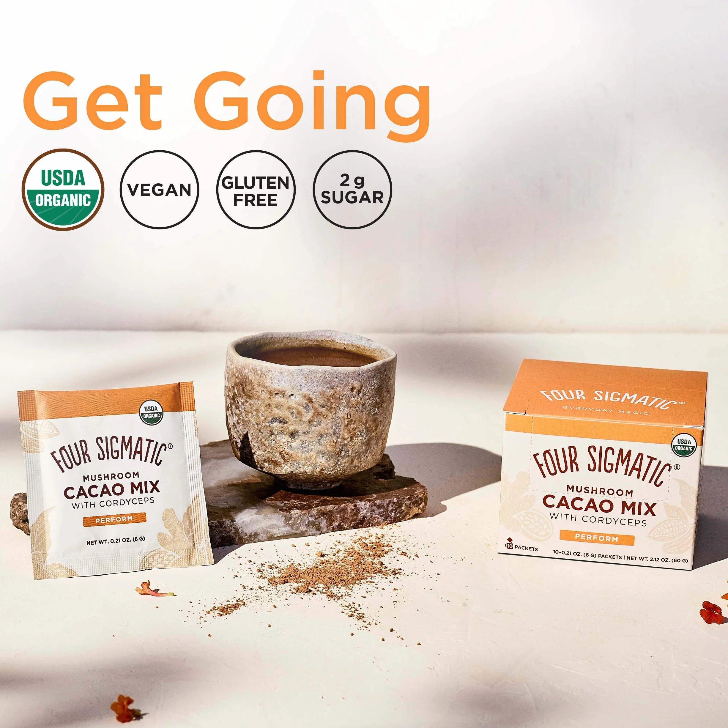 Mushroom Cacao Mix by Four Sigmatic, organiczny kacao instant with cordyceps, imbir i kokos, wspiera wydajność i energię, napój lub piecz z nim, wegański, bezglutenowy, bez dairy | 10 liczy
