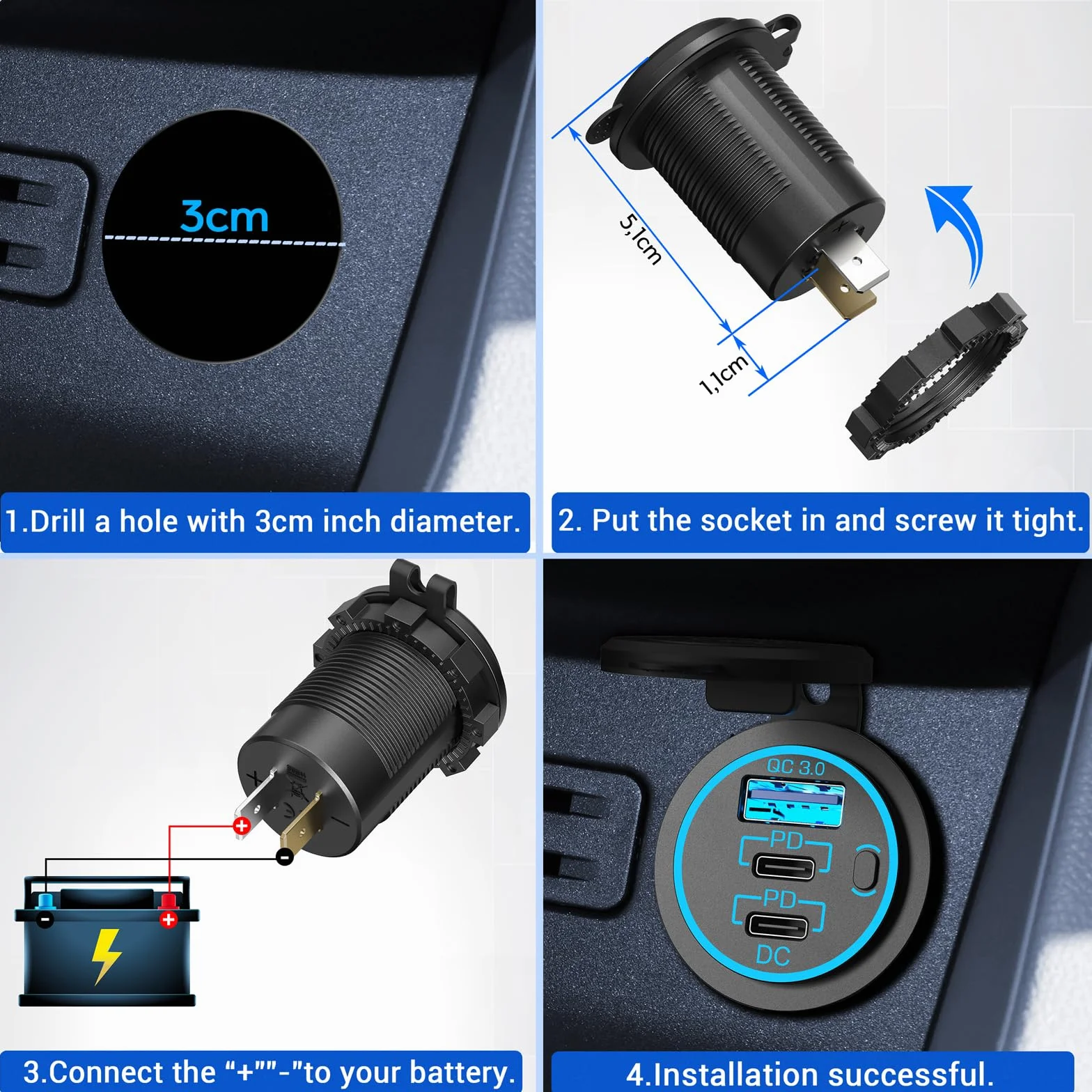 96 W PD 3.0 gniazdo USB C 12 V do montażu: podwójne gniazdo USB typu C, wodoszczelne gniazdo zapalniczki samochodowej 12 V, adapter z przełącznikiem, do samochodów kempingowych, motocykli, łodzi