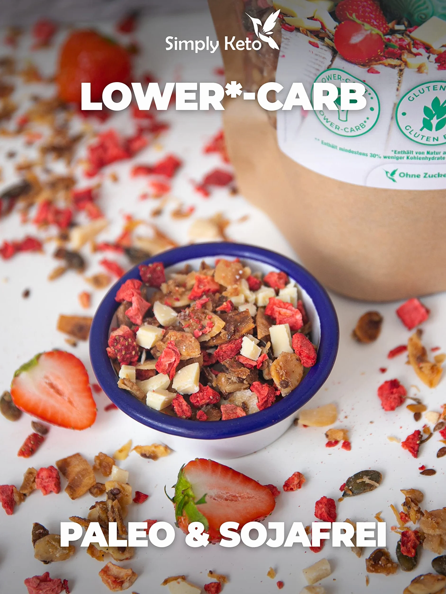 Simply Keto Niski poziom węglowodanów Erdbeer Knusper Granola z białą czekoladą bez dodatku cukru 250g