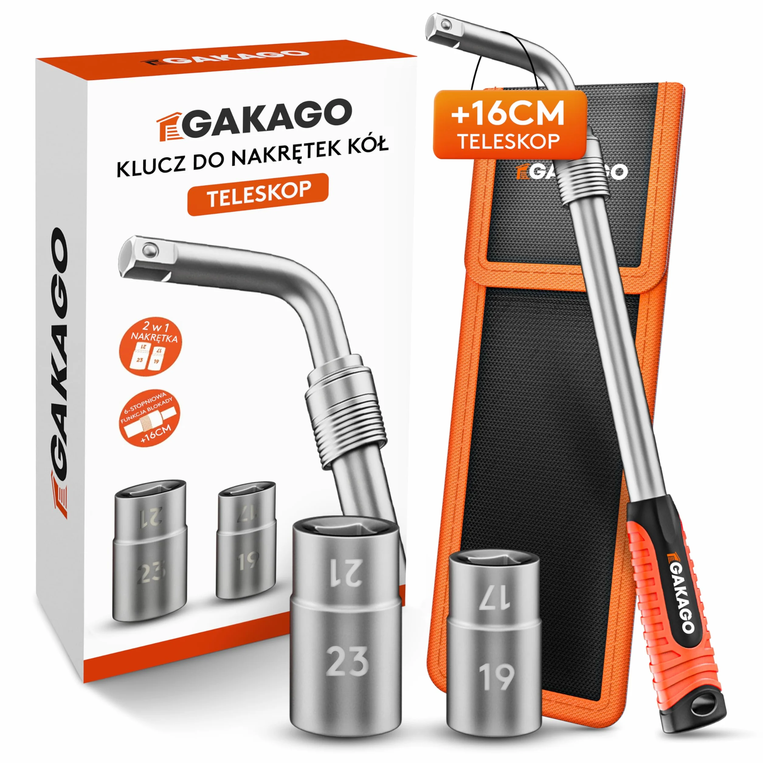 Gakago Teleskopowy zestaw kluczy do nakrętek kół z nasadkami 17/19 mm i 21/23 mm 1/2 cala - Bardzo długi, wysuwany klucz do kół - Praktyczna torba do przechowywania z rzepem i pętelką do zawieszania