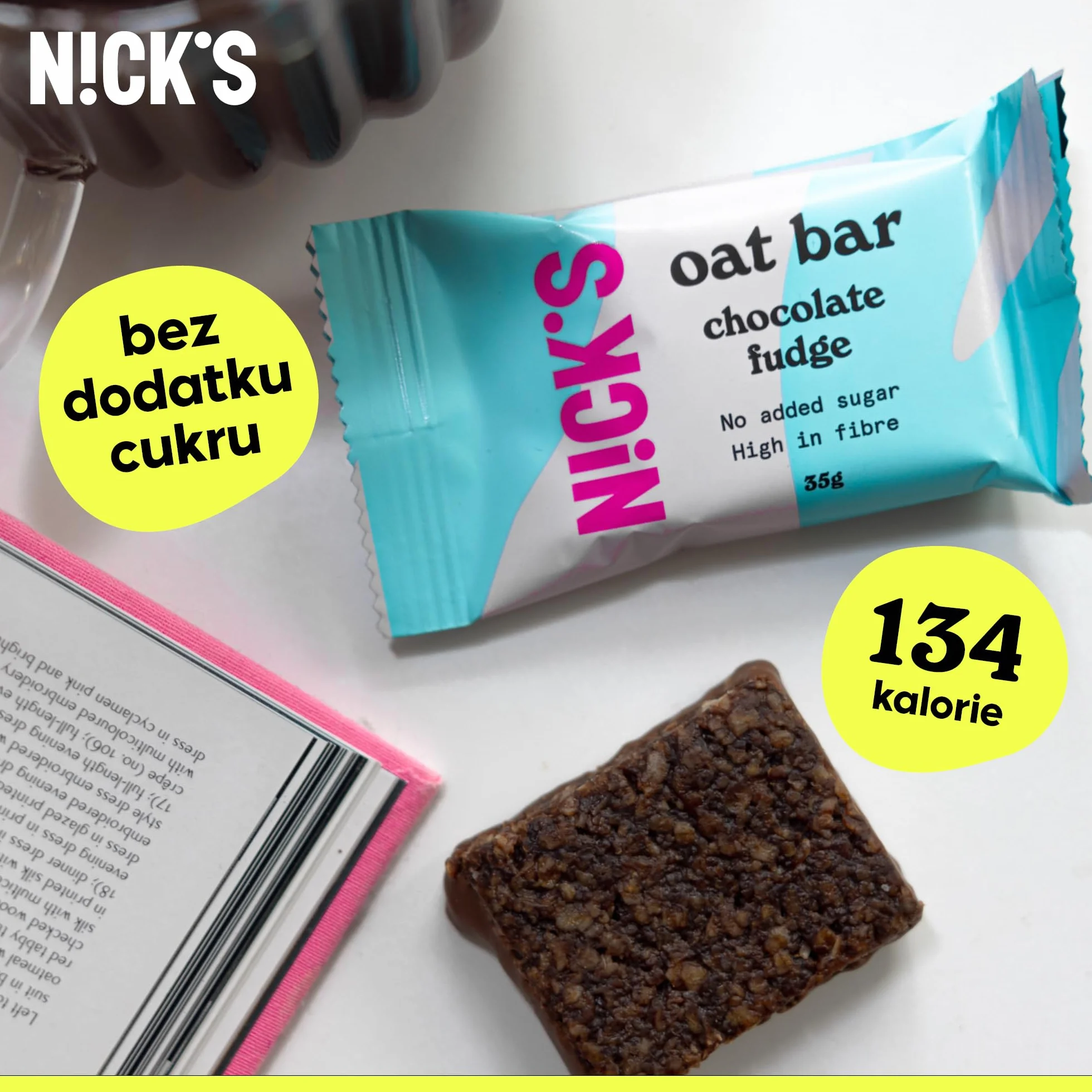 NICKS Batonik owsiany o smaku czekoladowym, tradycyjna przekąska energetyczna Flapjack, ciastko o wysokiej zawartości błonnika bez dodatku cukru (12 x 35g)