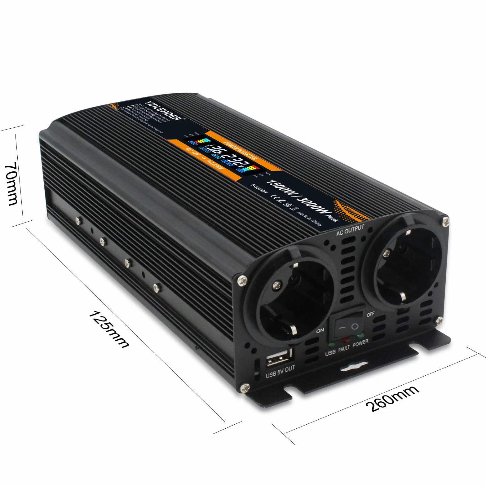 Przetwornica napięcia 12 V, 230 V, 1500 W/ 3000 W, przetwornica prądu z 2 gniazdami, 1 USB