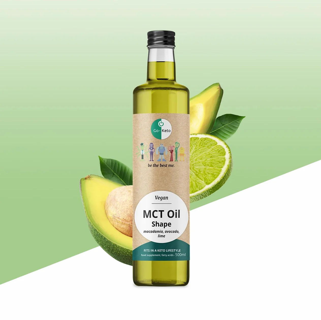 Olej MCT C8/C10 Go-Keto 500ml z omega-7 z awokado i makadamia, 100% olej kokosowy, wolny od oleju palmowego, wegański
