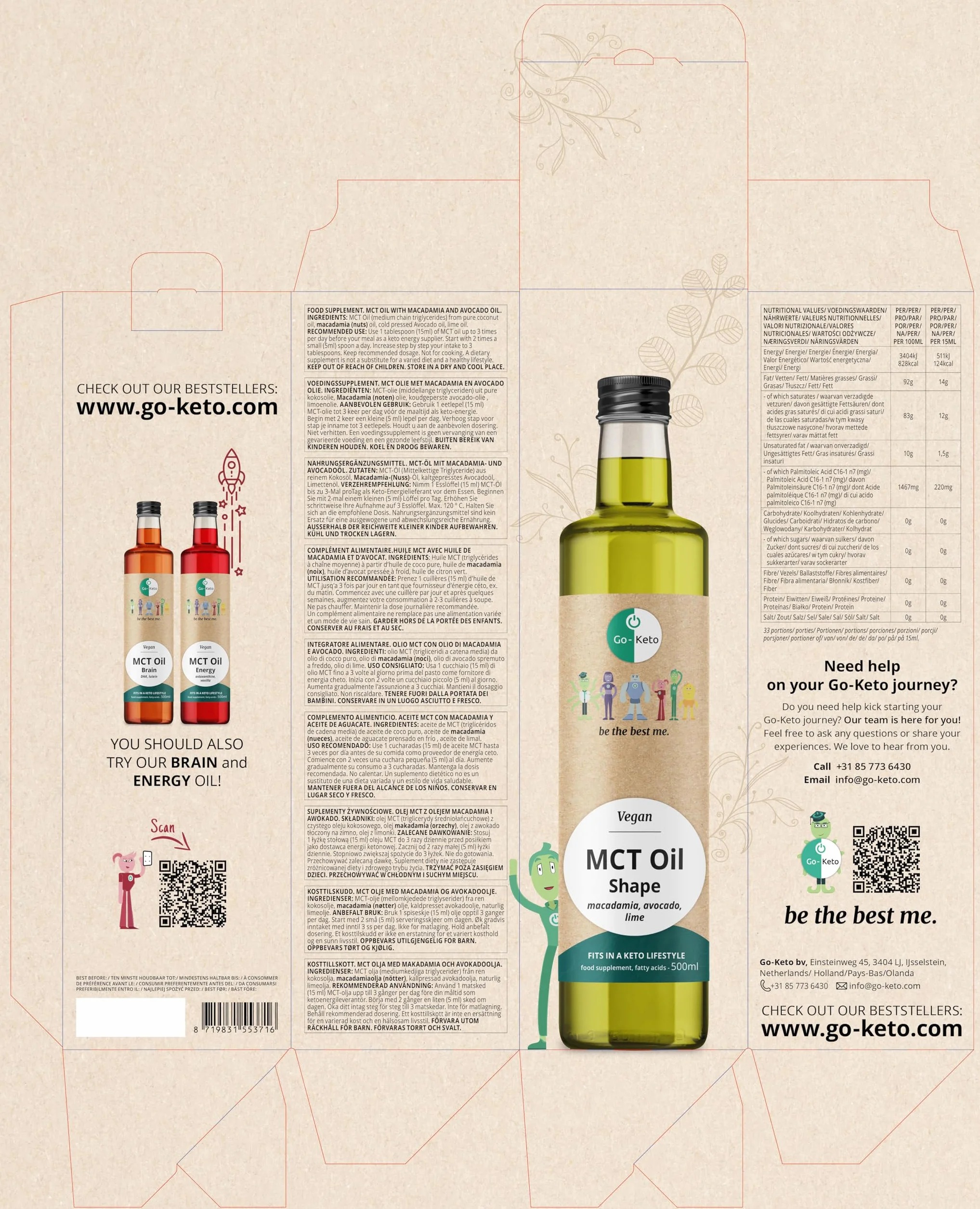Olej MCT C8/C10 Go-Keto 500ml z omega-7 z awokado i makadamia, 100% olej kokosowy, wolny od oleju palmowego, wegański